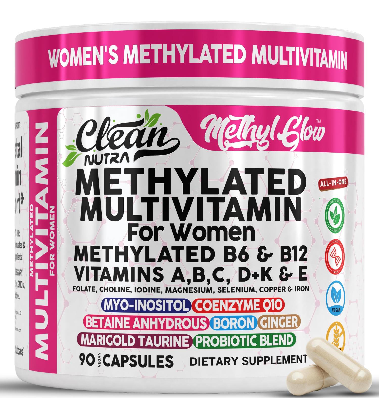 Methylated Multivitamin for Women Vitamins B6 Methyl B12 A B C D K E Folate Choline Omega 3 Thiamine Riboflavin Iron Iodine Magnesium Zinc Selenium Copper Calcium 90 Capsules by Clean Nutra - Buy Online on GoSupps.com