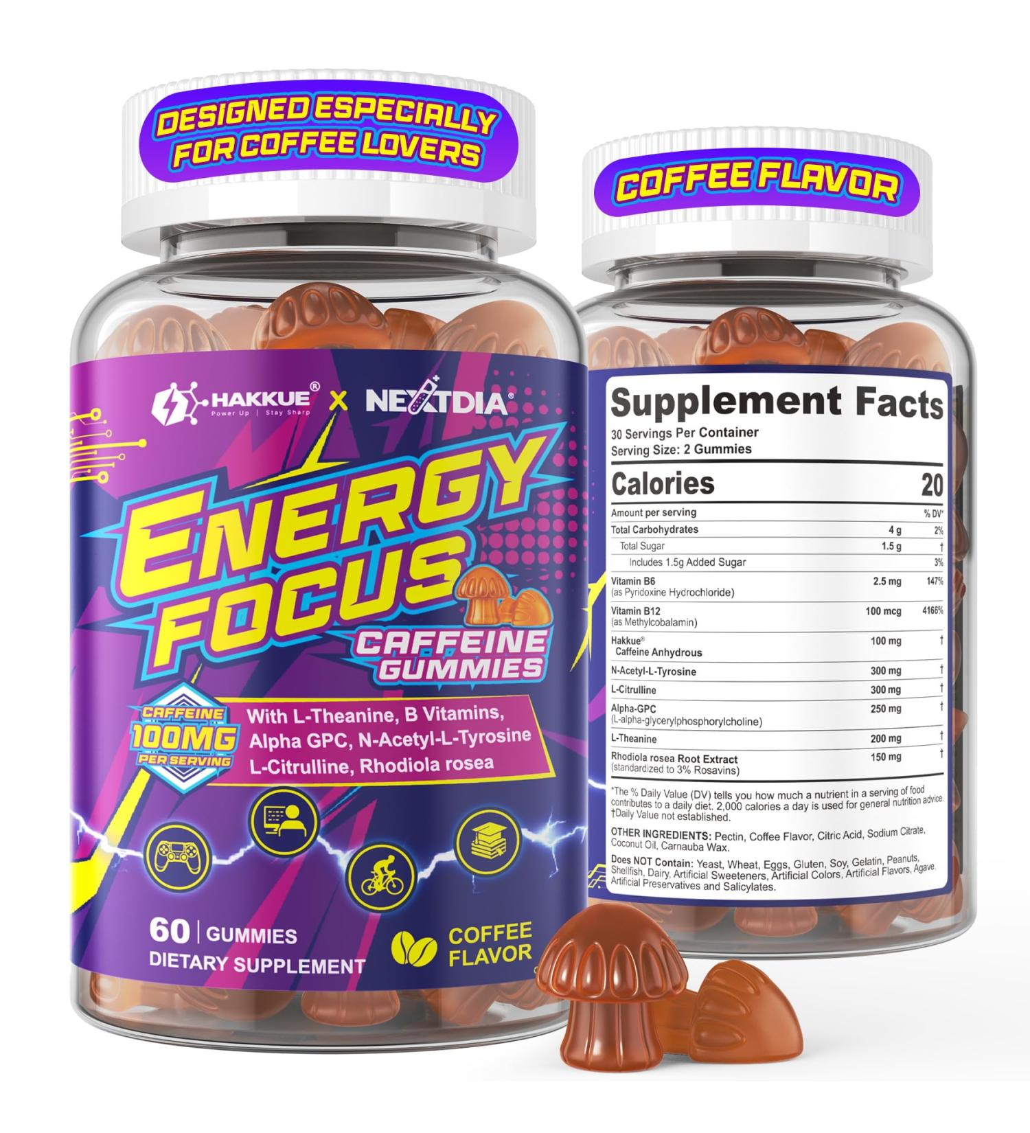 Energy & Focus Gummies with 100mg Caffeine Anhydrous for Gamers Workers Weekend Warriors Hakkue Brain Supplement + L-Theanine B12 & B6 Boosts Fast Energized Concentration Reaction Speed 1Pack 60 Count (Pack of 1) - Buy Online on GoSupps.com