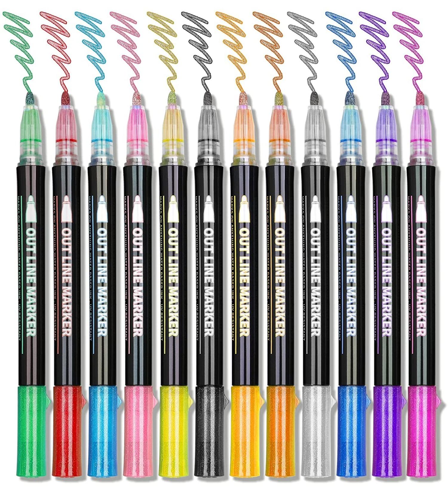 Double Line Markers Outline Pens Set - 12 Glitter Colors for DIY Art, Card Making, Lettering & Craft Projects - Buy Online on GoSupps.com