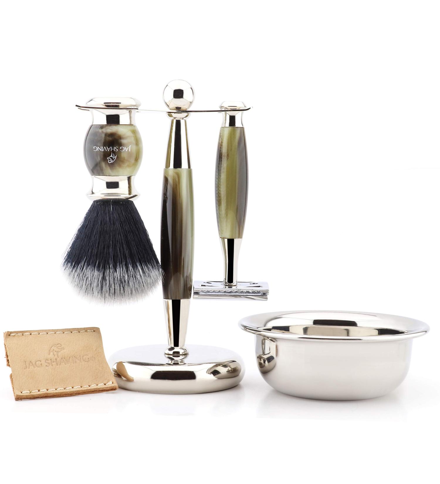 Jag Men's Shaving Set Double Edge Safety Razor Black Synthetic Hair Brush Stand Bowl and Leather Case for Safety Razor
