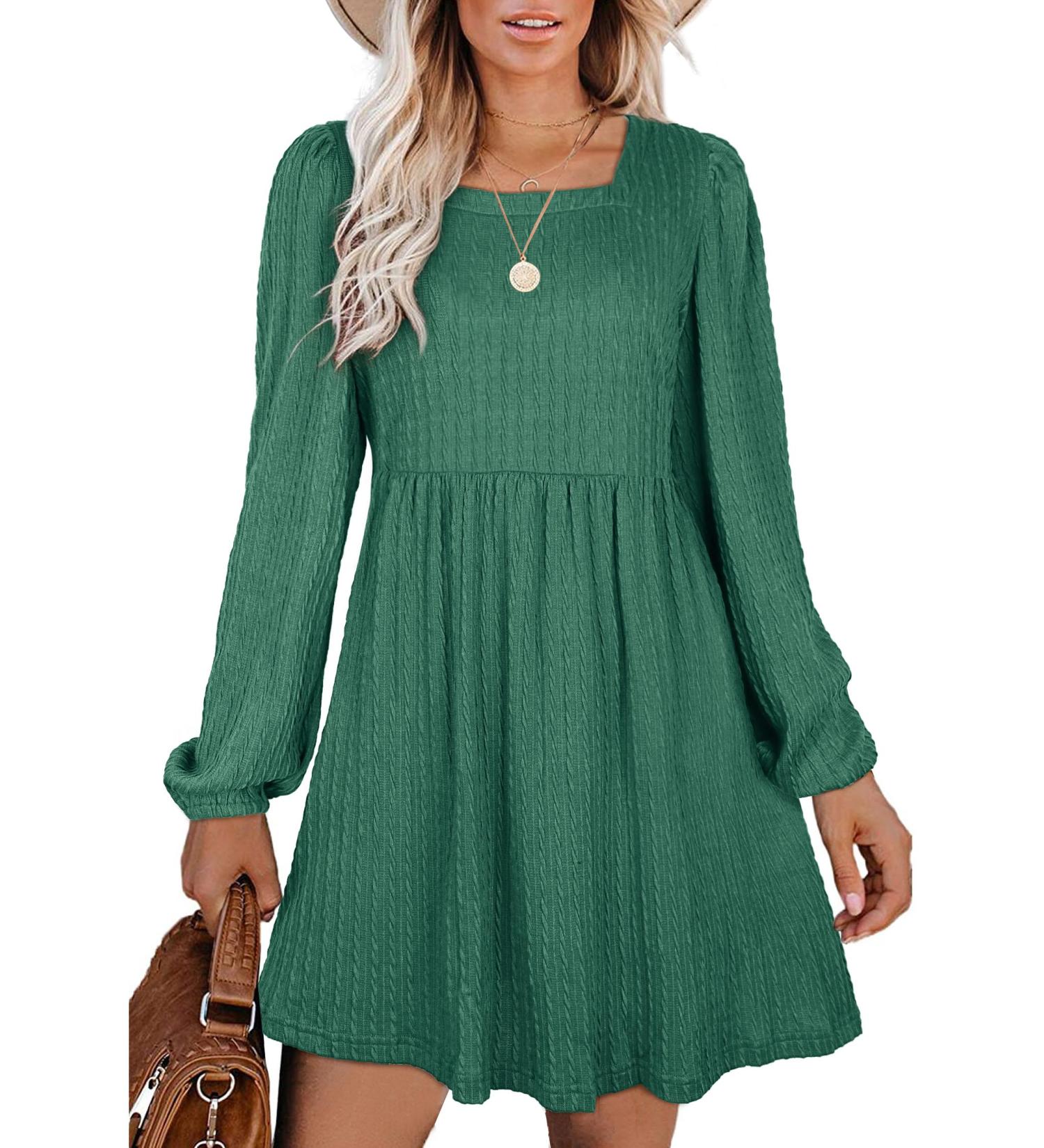 Aokosor Long Sleeve Knit Dress | Square Neck Babydoll Jumper Dress XL Green - Buy Online on GoSupps.com