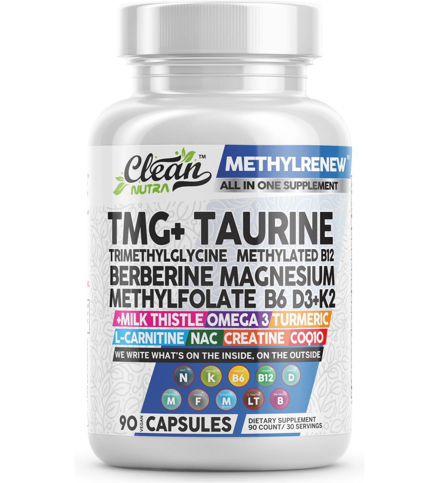 Clean Nutra TMG Supplements 1000mg | Methylated Multivitamin for Women Men | Taurine B6 Vitamins B12 D3 K2 Trimethylglycine Magnesium Methylfolate Milk Thistle NAC COQ10 B Supplement Complex Capsules - Buy Online on GoSupps.com