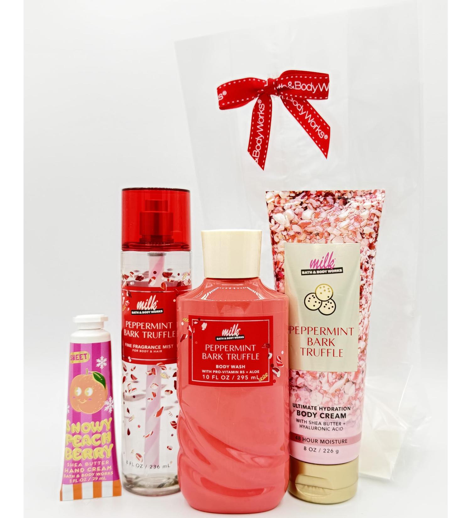 Bath & Body Works Peppermint Bark Truffle 4-Piece Gift Set | Includes: Fine Fragrance Mist Body Wash Ultimate Hydration Body Cream and Snowy Peach Berry Hand Cream - Buy Online on GoSupps.com