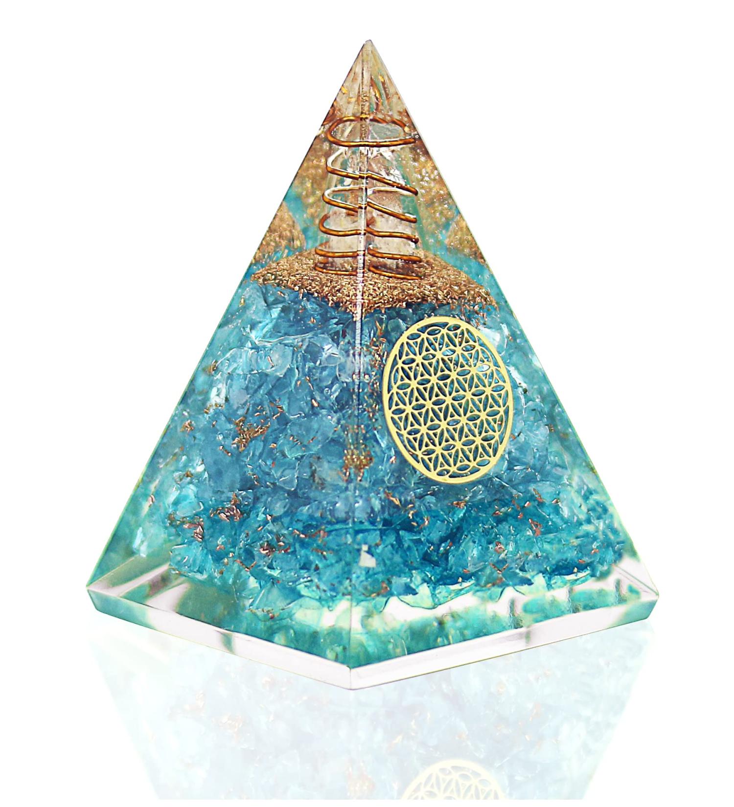 Inspirational Aquamarine Crystal Orgone Pyramid with Clear Quartz Crystals - Chakra Healing Stone for Courage and Stress Relief - Buy Online on GoSupps.com