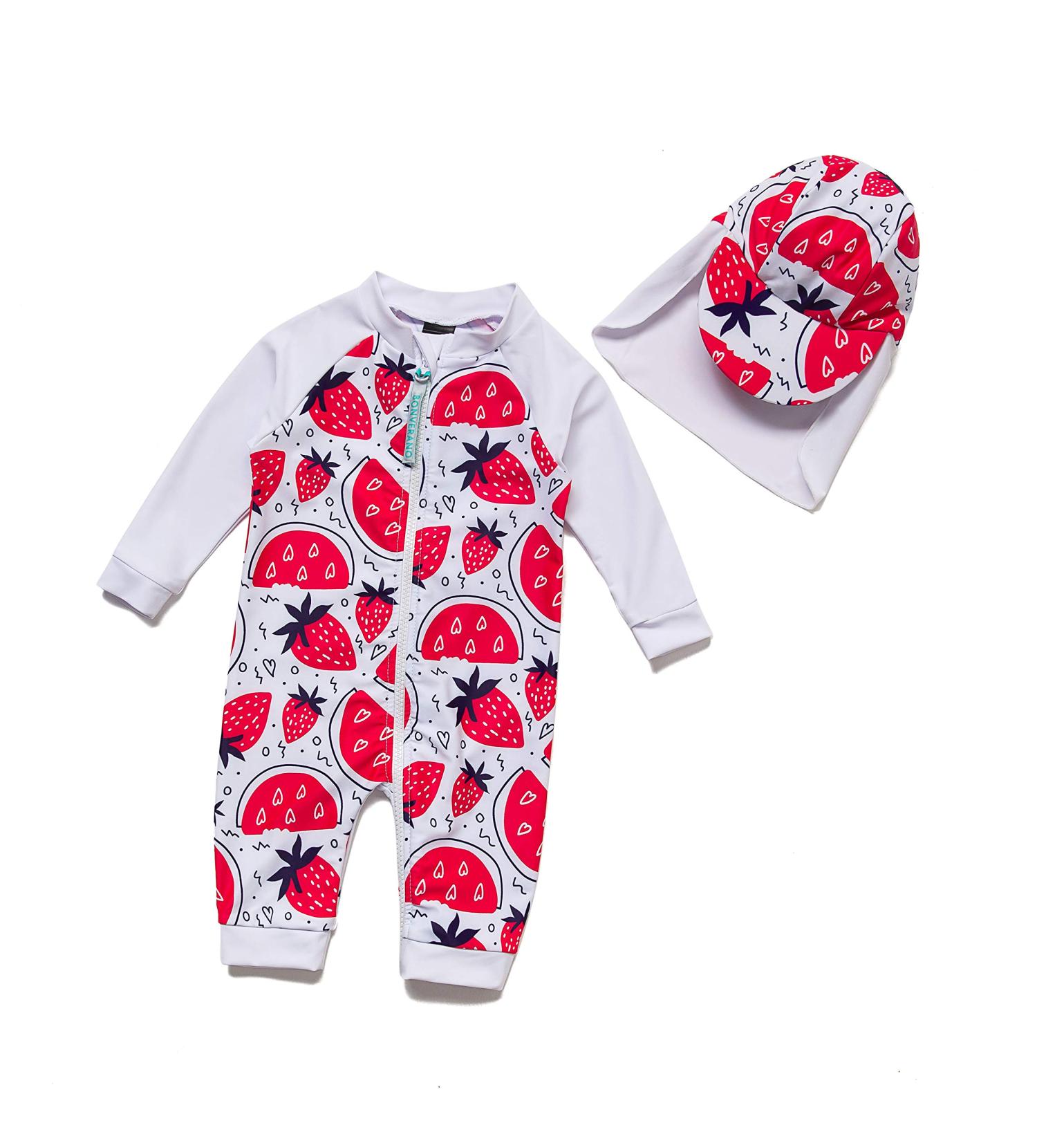 BONVERANO Baby Girl Swimsuit UPF 50+ Sun Protection | Full-Length Zipper & Sun Cap | 12 Months | Strawberry - Buy Online on GoSupps.com