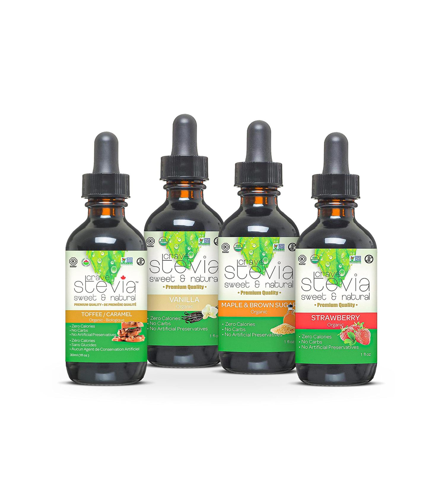 CRAVESTEVIA Organic 4-Pack Stevia Drops Vanilla Toffee Maple & Strawberry Natural Stevia Sweetener for Coffee & Beverages Zero Calorie Zero Sugar Keto Sweetener Sugar Alternative 4x30ml - Buy Online on GoSupps.com