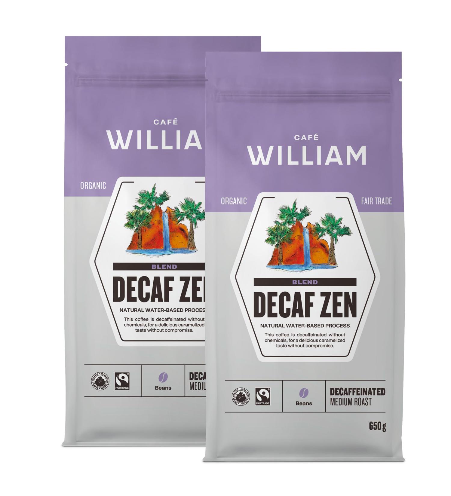 ZEN DECAF Whole Bean Organic Coffee | Medium Roast | Natural Water Decaffeinated Specialty Grade Espresso Machines Grinder | Sustainably Roasted in Canada | Caf William | D caf Biologique en grains - 650 g (2 pack) DECAF ZEN 650 g (Pack of 2) - Buy Online on GoSupps.com