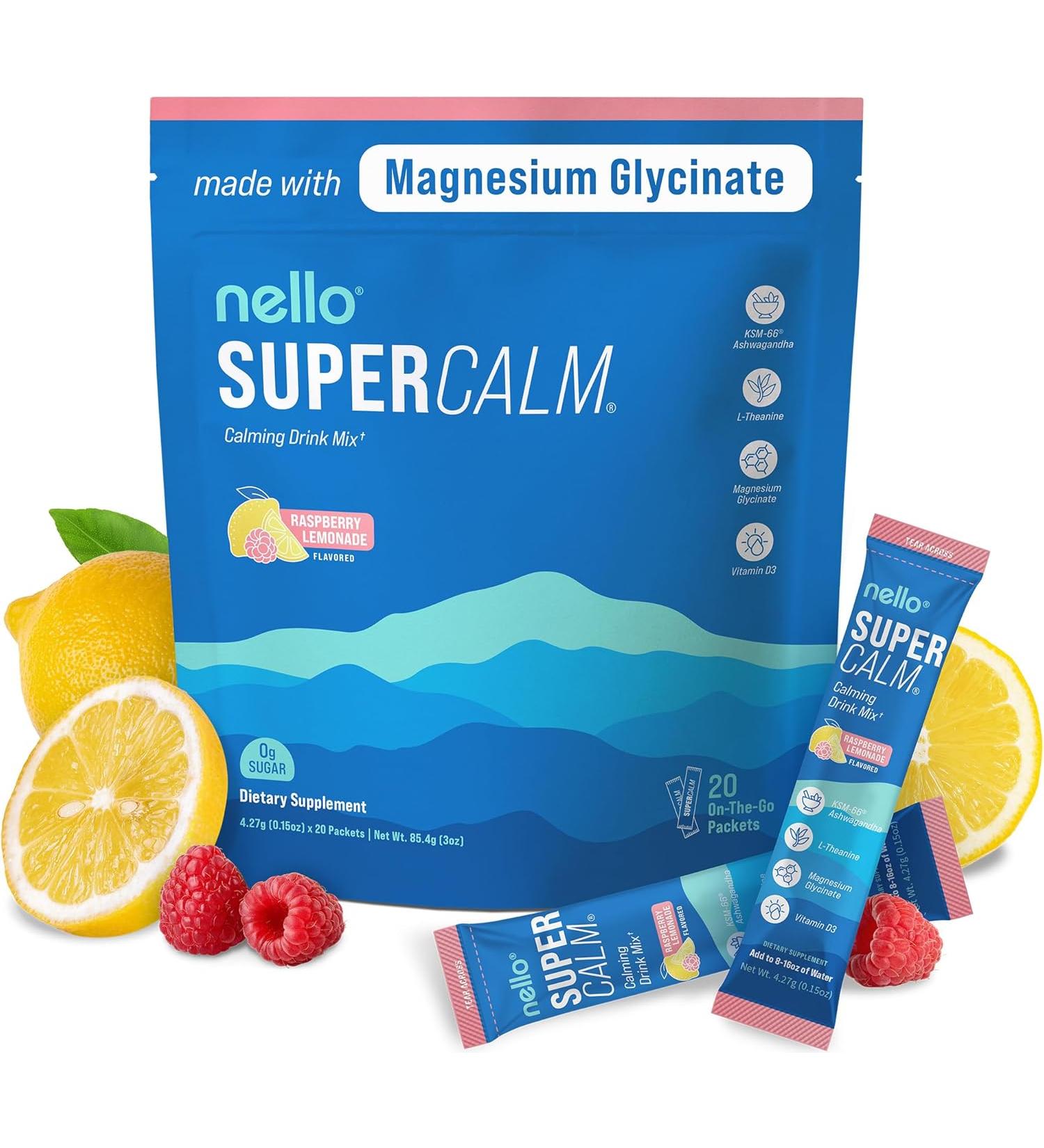 Nello Supercalm - Drink Mix | Contains KSM-66 Ashwagandha L-Theanine Magnesium Glycinate and Vitamin D3 20 Servings (Travel Packets) 20.0 Servings (Pack of 1) - Buy Online on GoSupps.com