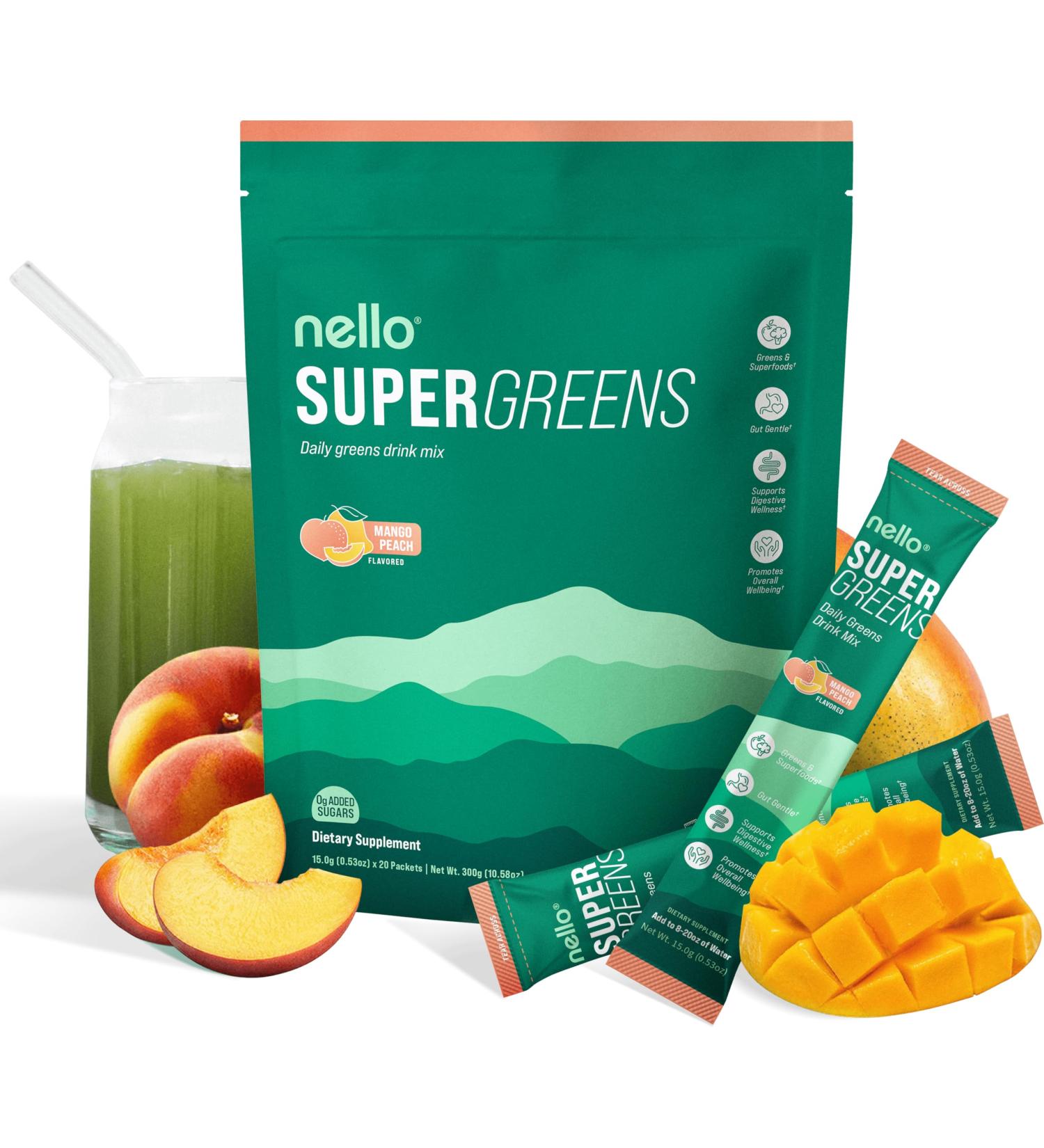 Nello Supergreens Premium Superfood Greens Drink Mix w/Chlorella Moringa Spinach & Broccoli + Digestive Enzymes & Probiotic Blend -Nutrient-Packed Powder Wellness (Mango Peach 20 SRV Travel Pack) Mango Peach 20 Servings  - Buy Online on GoSupps.com