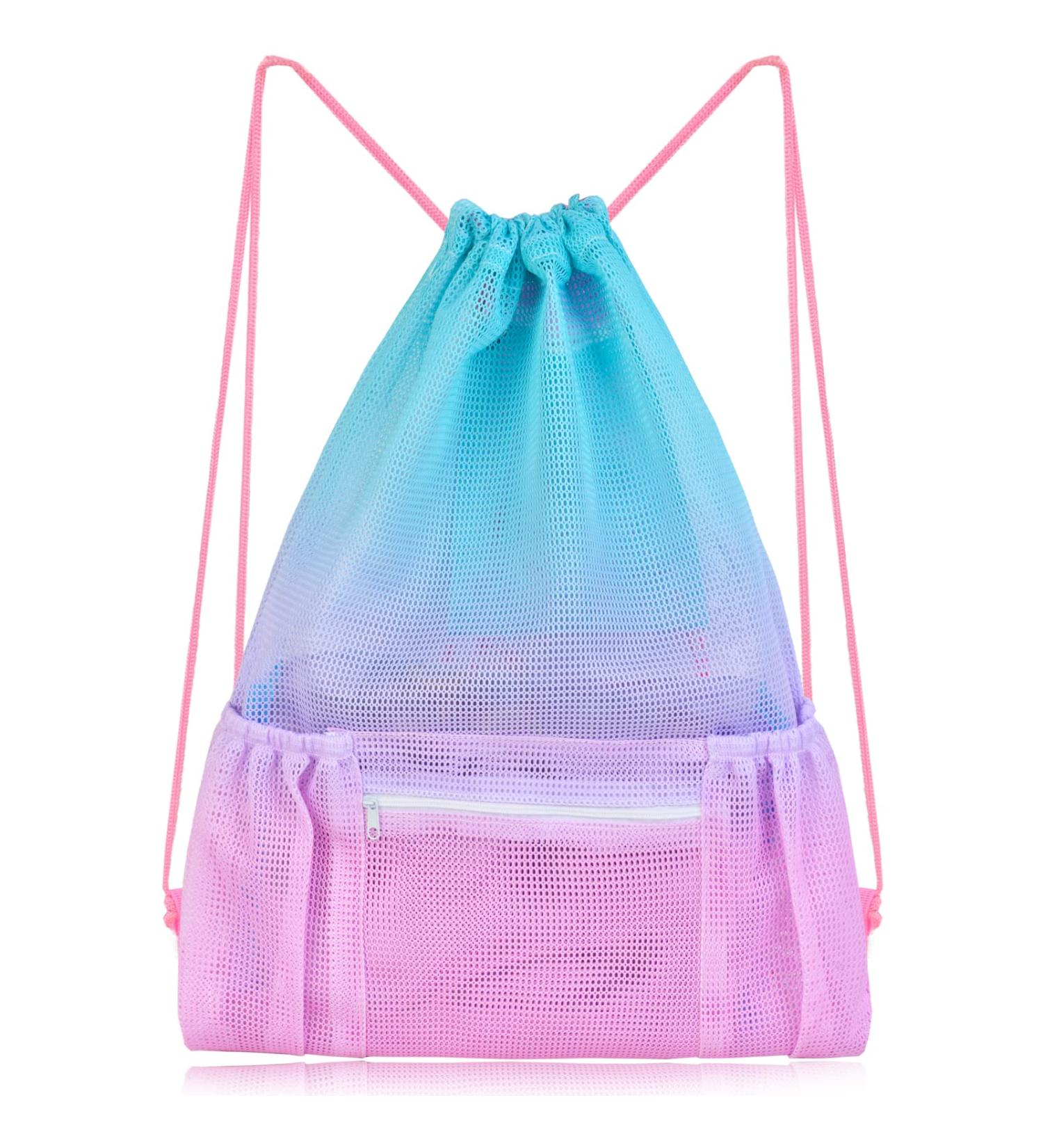 Nidoul Mesh Drawstring Beach Bag with Zipper Pocket - Pink Blue | Ideal for Swimming, Gym & Storage | Adult Kids - Buy Online on GoSupps.com