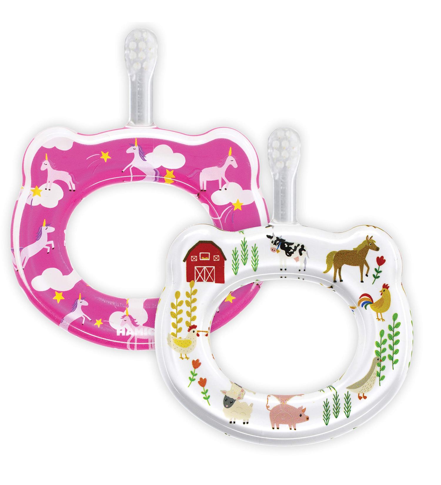 HAMICO Baby Toothbrush - Extra Soft Bristles for Babys First Toothbrush | Easy Grasp Infant Toothbrush | BPA Free | 2-Pack Unicorns & Farm Animals - Buy Online on GoSupps.com