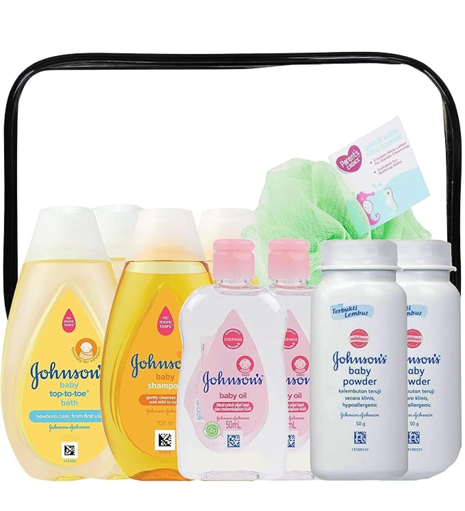 Johnson's Baby Bath Essentials Travel Kit - 9 Piece TSA Approved Toiletries Set with Shampoo  Body Wash  Baby Powder  and Oil - Bonus Loofah Included - Buy Online on GoSupps.com