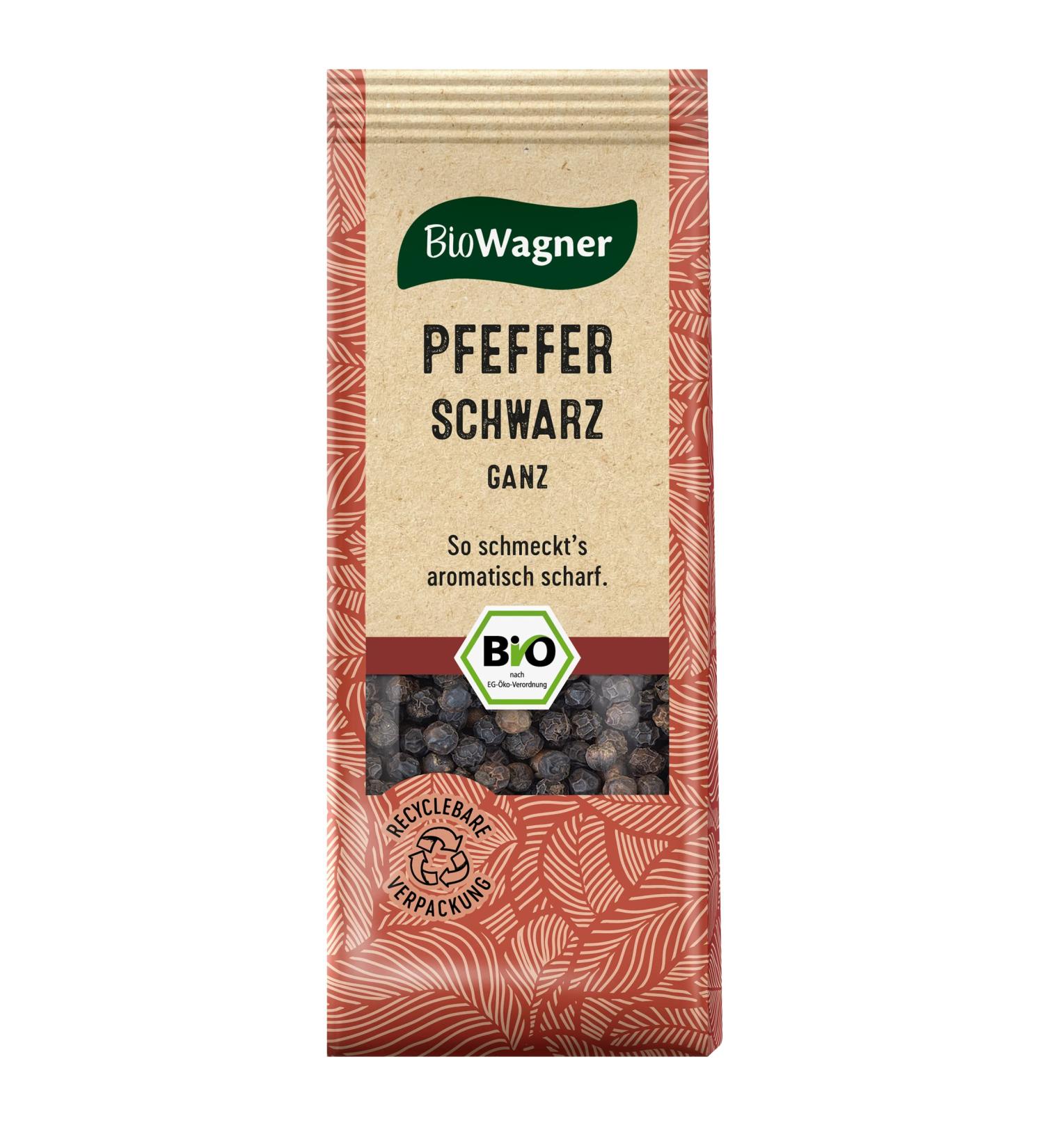Biowagner - organic pepper black completelyIntensive sharpness for dark meat and sauces |Natural organic ingredients |Recyclebare packaging |50 g