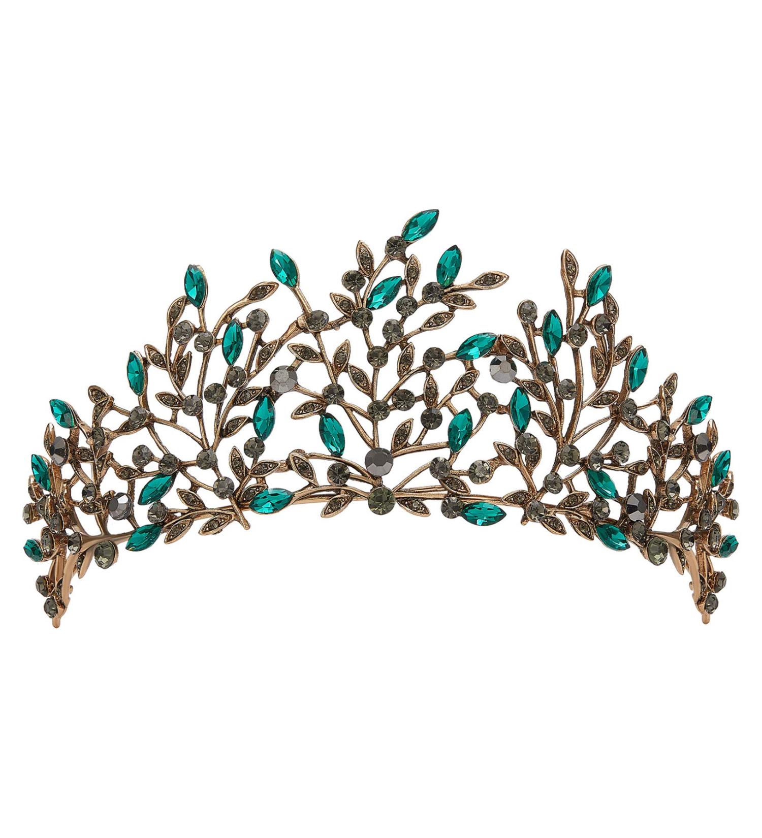 SweetV Vintage Crystal Leaf Metal Tiara - Gothic Queen Crown for Birthday, Prom, Pageant - Green Eden Headpiece - Buy Online on GoSupps.com