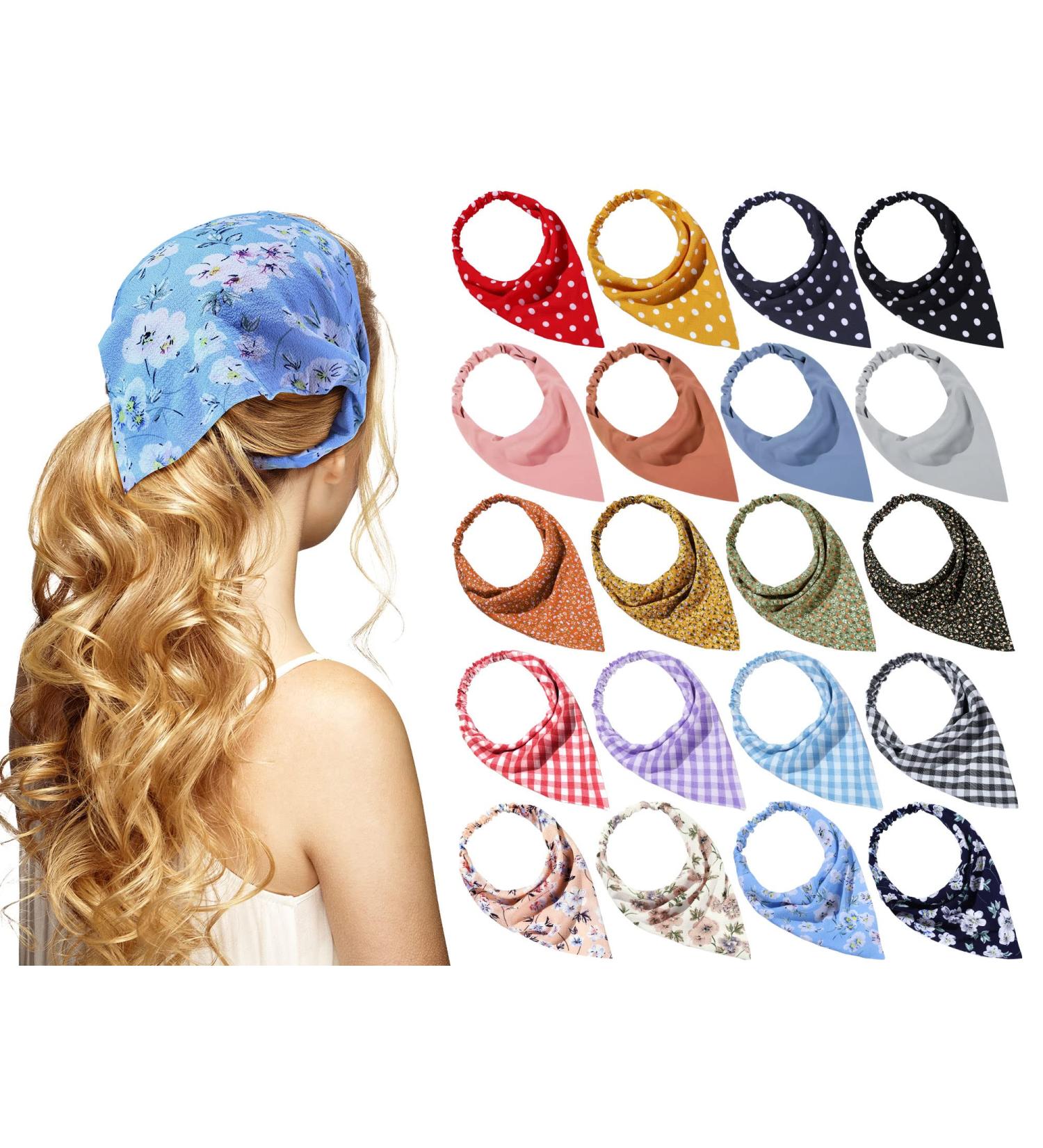 WILLBOND 20 Pcs Elastic Hair Bandanas - Floral, Solid, Plaid, Dot Headbands for Women and Girls - Chiffon Triangle Scarf Hair Accessories - Buy Online on GoSupps.com