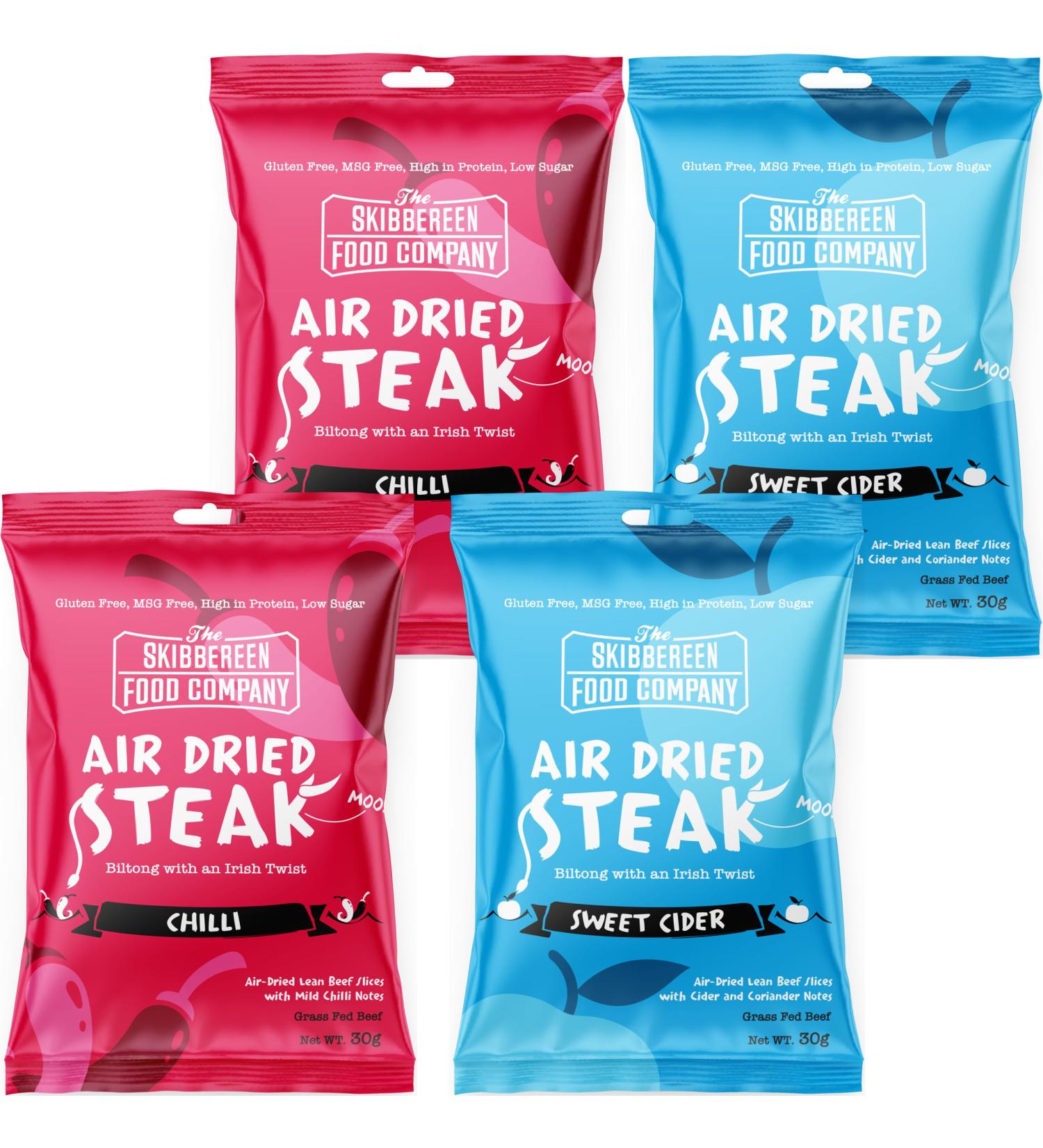 Grass Fed Beef Jerky Variety Pack - Air Dried Lean Beef Biltong - High Protein Snack 2x Mild Chilli & 2x Sweet Cider Flavours - Low In Sugar Gluten Free MSG Free - 4x 30g by The Skibbereen Food Co - Buy Online on GoSupps.com