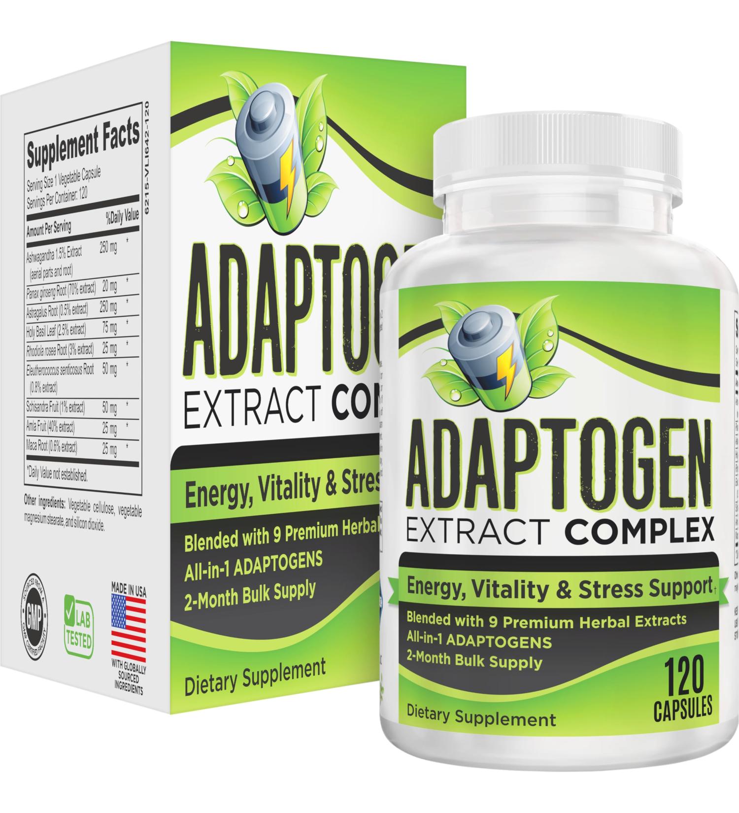 2-Month Adaptogen Supplement (9-in-1) Adaptogenic Complex with Ashwagandha Panax Ginseng Rhodiola + More | Premium Herbal Extract Blend | Adaptogen Supplements | 60-Day Bulk Supply | 120 Capsules - Buy Online on GoSupps.com