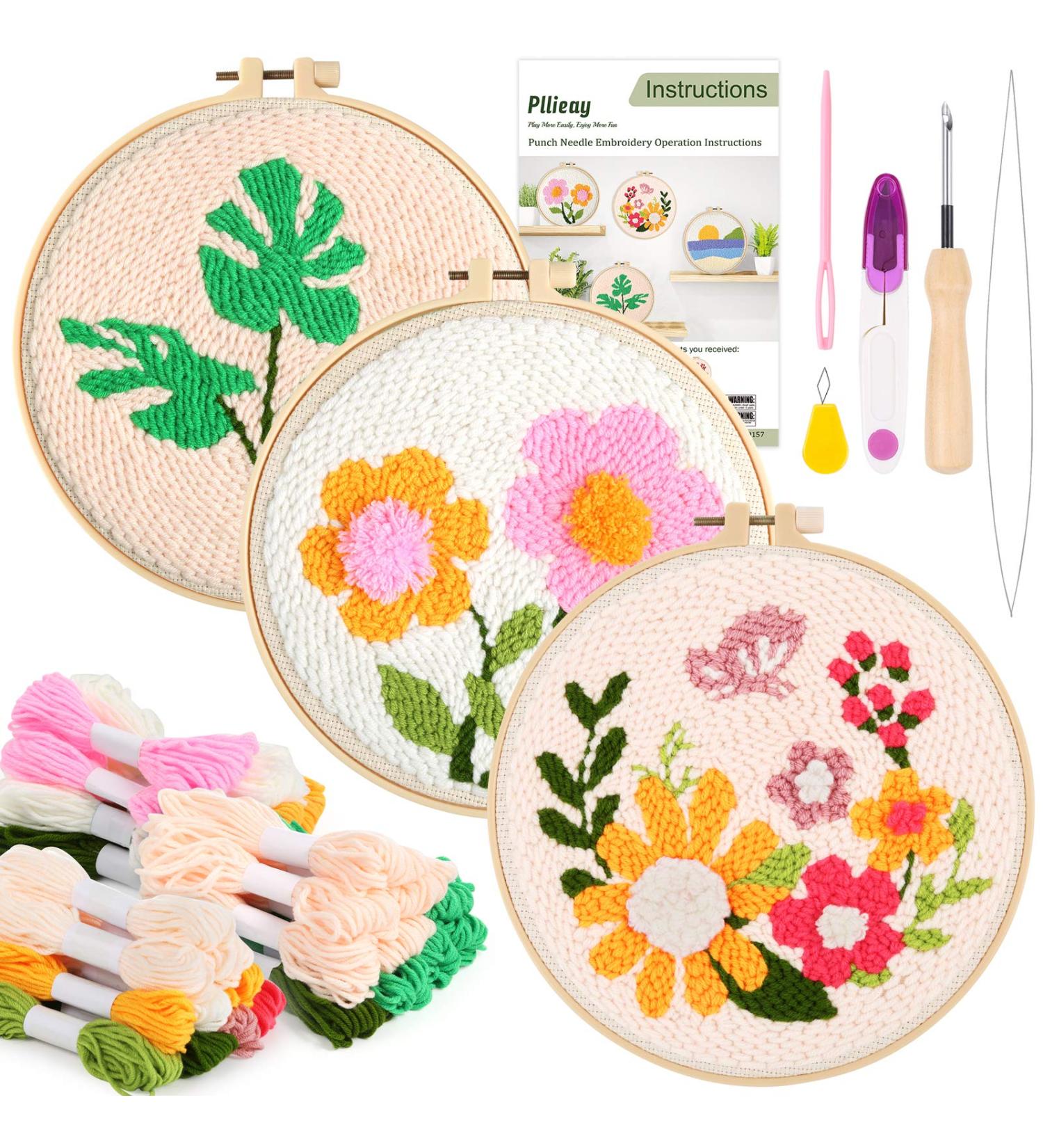 Pllieay 3 Set Punch Needle Embroidery Starter Kits with Instruction, Fabric, Pattern, Yarns, and Hoops for Rug-Punch & Pinch Needle - Buy Online on GoSupps.com