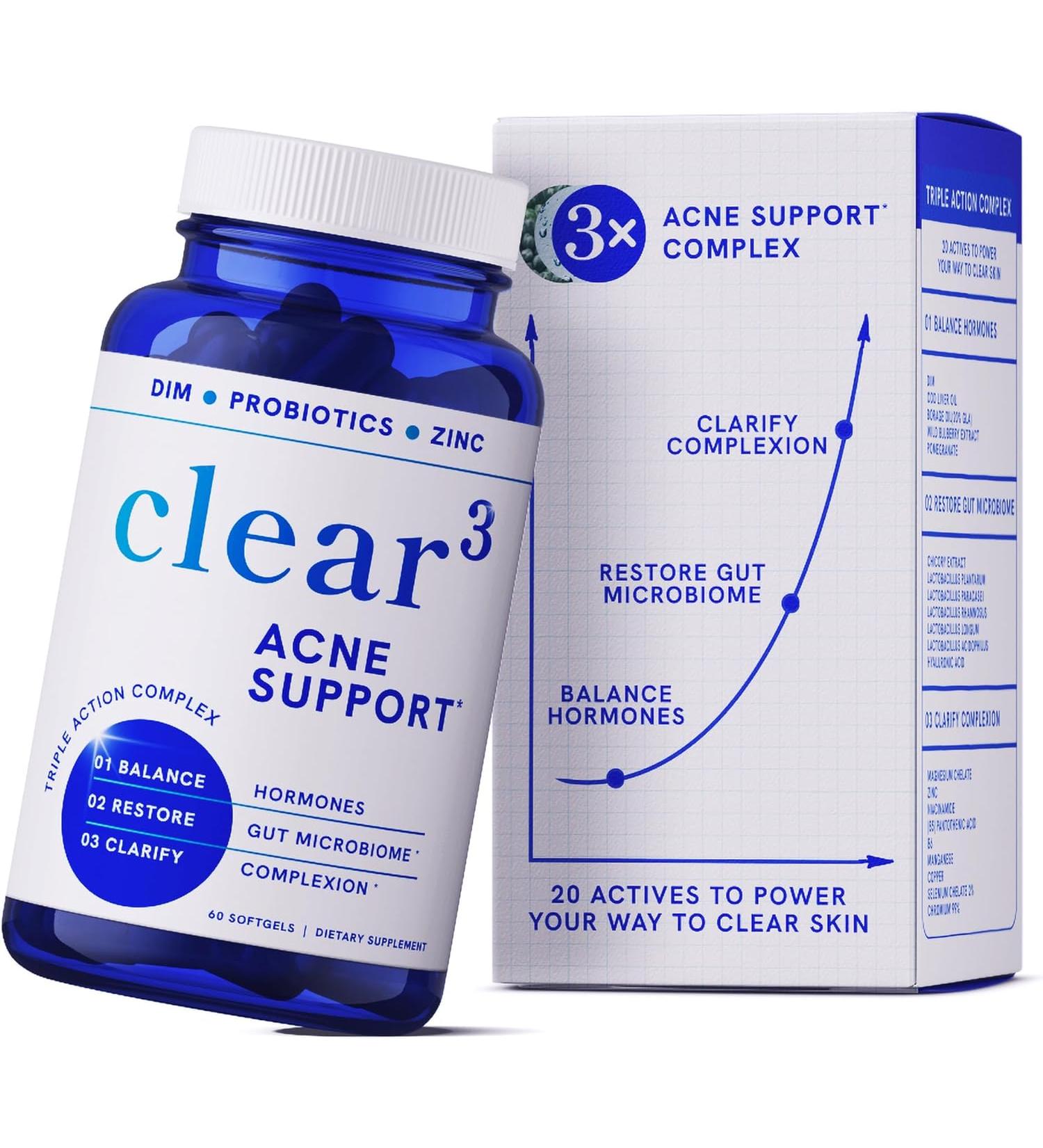 Clear Skin Acne Supplement with Zinc  DIM & Probiotics | Hormonal Acne Pills & Complexion Support | Balance  Clarify & Restore with Hyaluronic Acid & Anti-Acne Vitamins | For Women & Men | 60ct - Buy Online on GoSupps.com