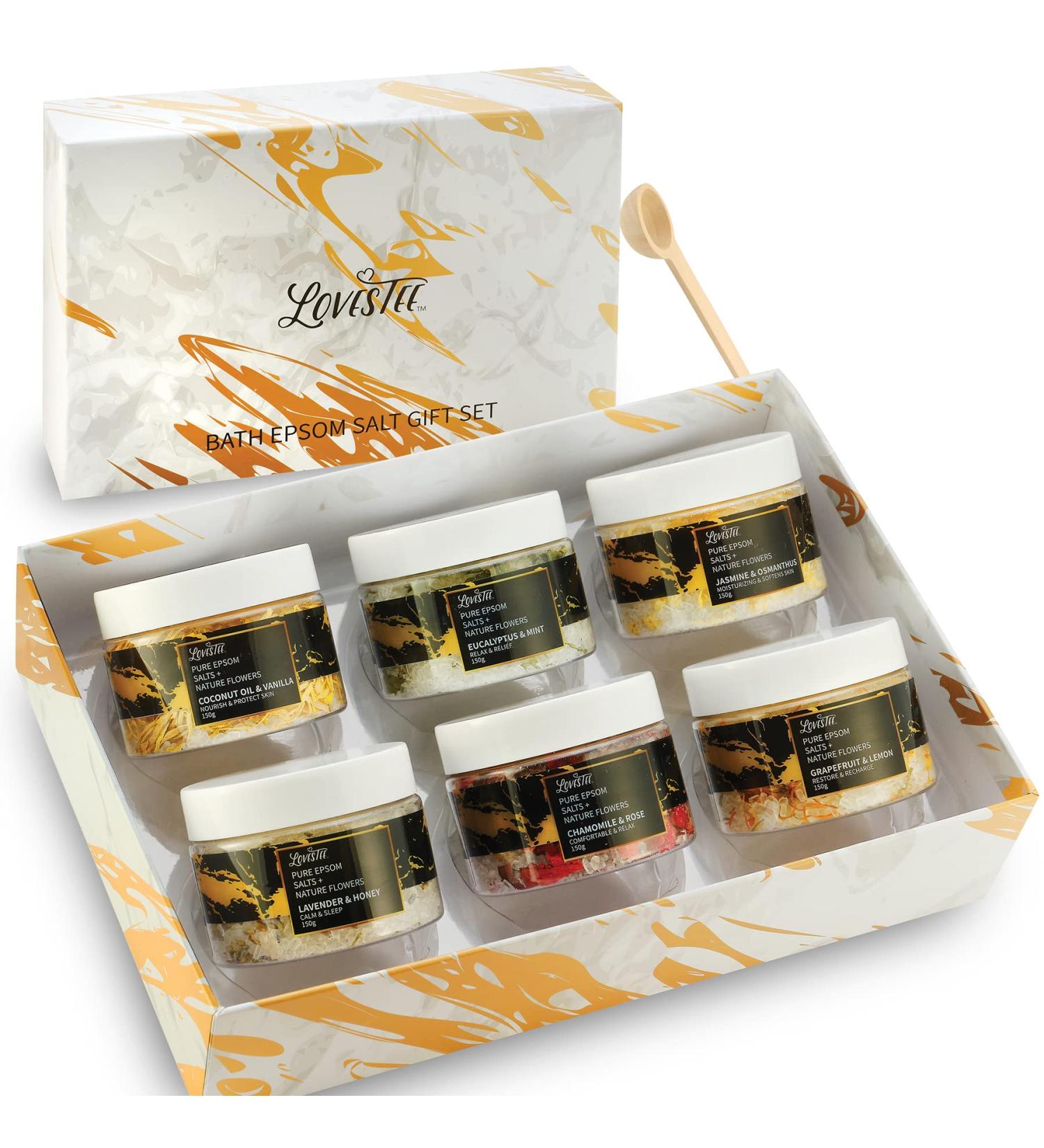 Lovestee Epsom Salt Spa Gift Set | 6 Luxury Bath Salts - Coconut Vanilla Jasmine Eucalyptus Lavender Chamomile & Grapefruit - Perfect Soaking Gift for Women - Buy Online on GoSupps.com