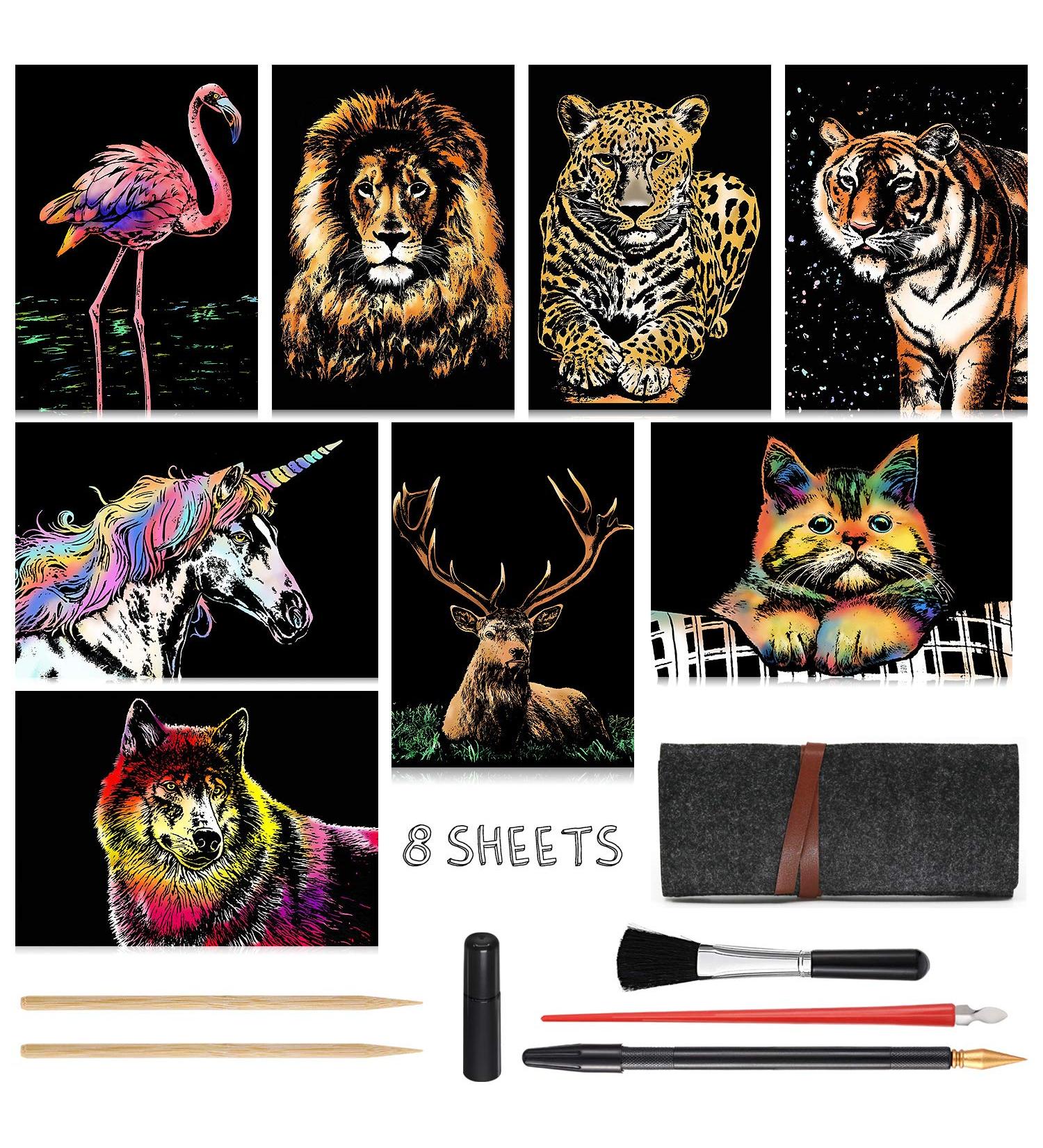 Rainbow Night View Scratch Art Kit - A4 Size, 8 Sheets Cards & 6 Tools - Animal Series (Unicorn/Flamingo/Cat/Deer/Lion/Tiger/Leopard/Wolf) - Perfect for Kids & Adults - Buy Online on GoSupps.com
