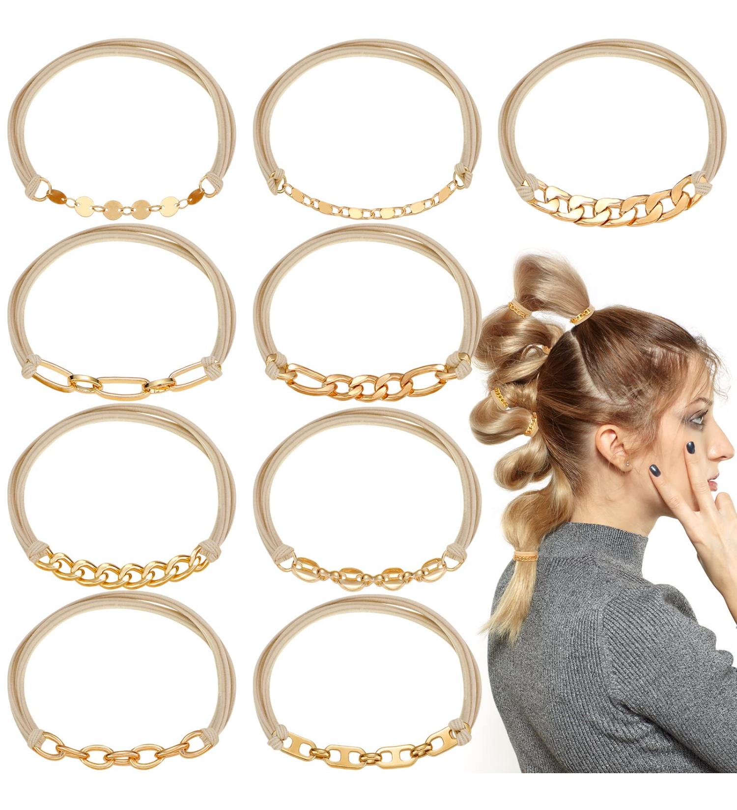 Gold Hair Tie Bracelet Set - 9 Pieces Elastic Hair Ties for Women & Girls - Buy Online on GoSupps.com