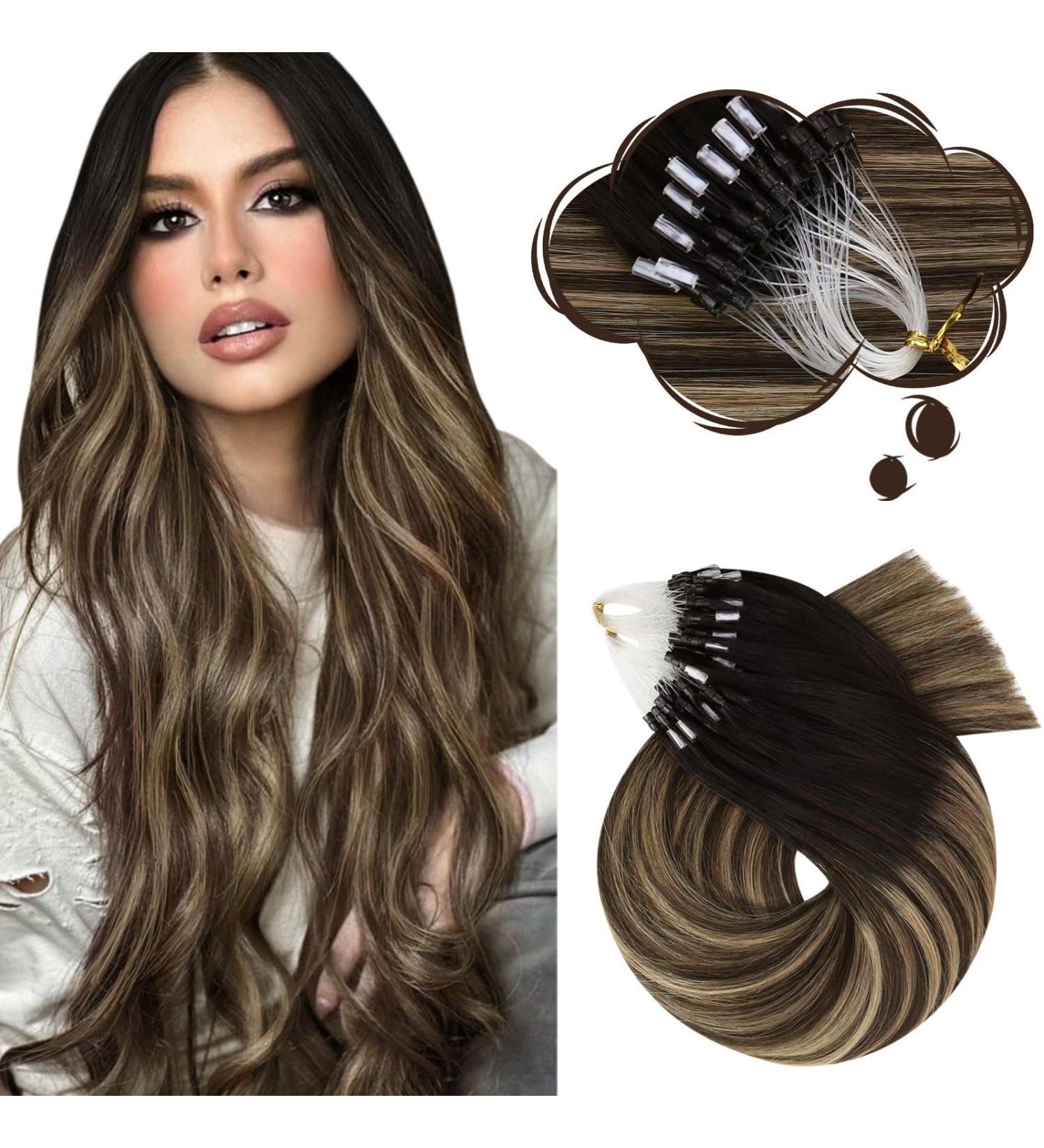 Moresoo Microring Extensions - Real Hair Micro Loop Cold Fusion #1B/3/27 - 45cm 50g - Invisible Black to Brown with Caramel Blonde Remy Hair Extensions - Buy Online on GoSupps.com