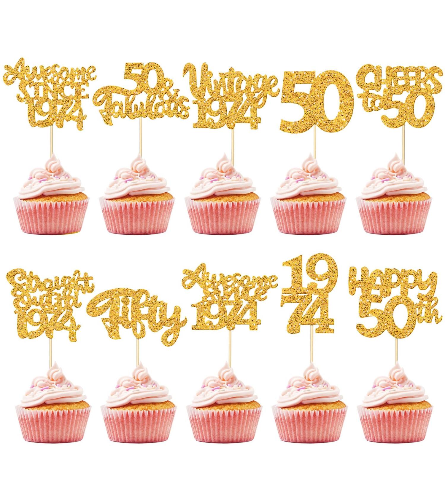 FoldTier 100 Pcs Happy 50th Birthday Cupcake Toppers Glitter Fifty 1974 Cupcake Picks Cheers to 50 Years Fabulous Cake Decorations for 50th Birthday Wedding Anniversary Party Supplies(Gold) - Buy Online on GoSupps.com