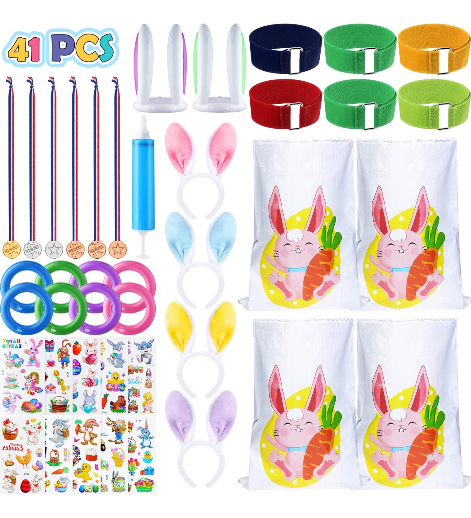 Easter Outdoor Party Game Set: Bunny Potato Sack Race, Relay Race Bands, Ring Toss, Headband, Stickers - Easter Party Favor & Egg Hunt Game - Buy Online on GoSupps.com