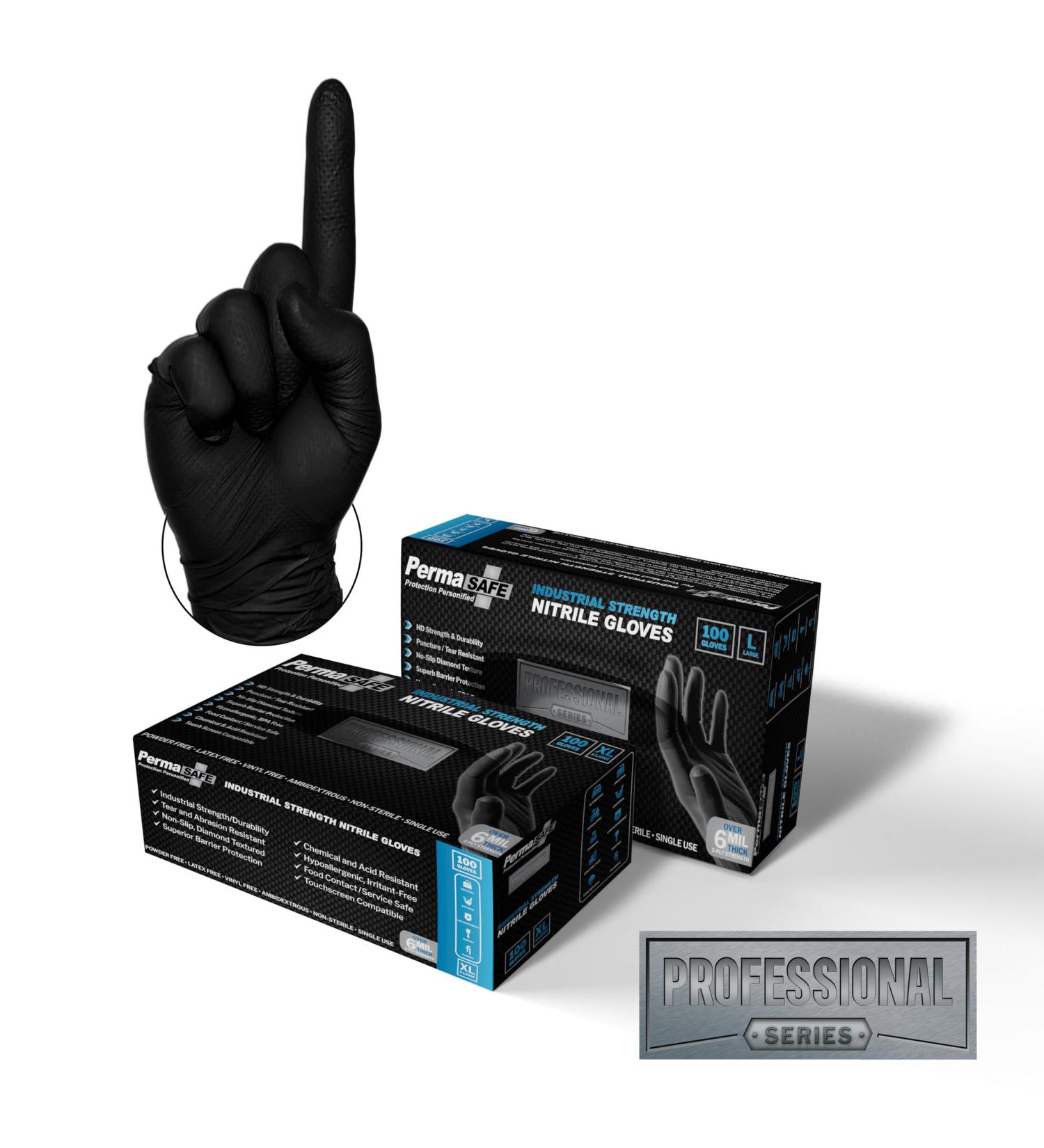 PermaSafe HD Industrial Nitrile Disposable Gloves - 6+ Mil Latex-Free Raised Diamond Texture | Large Box of 100 for Mechanics | International Shipping Available - Buy Online on GoSupps.com