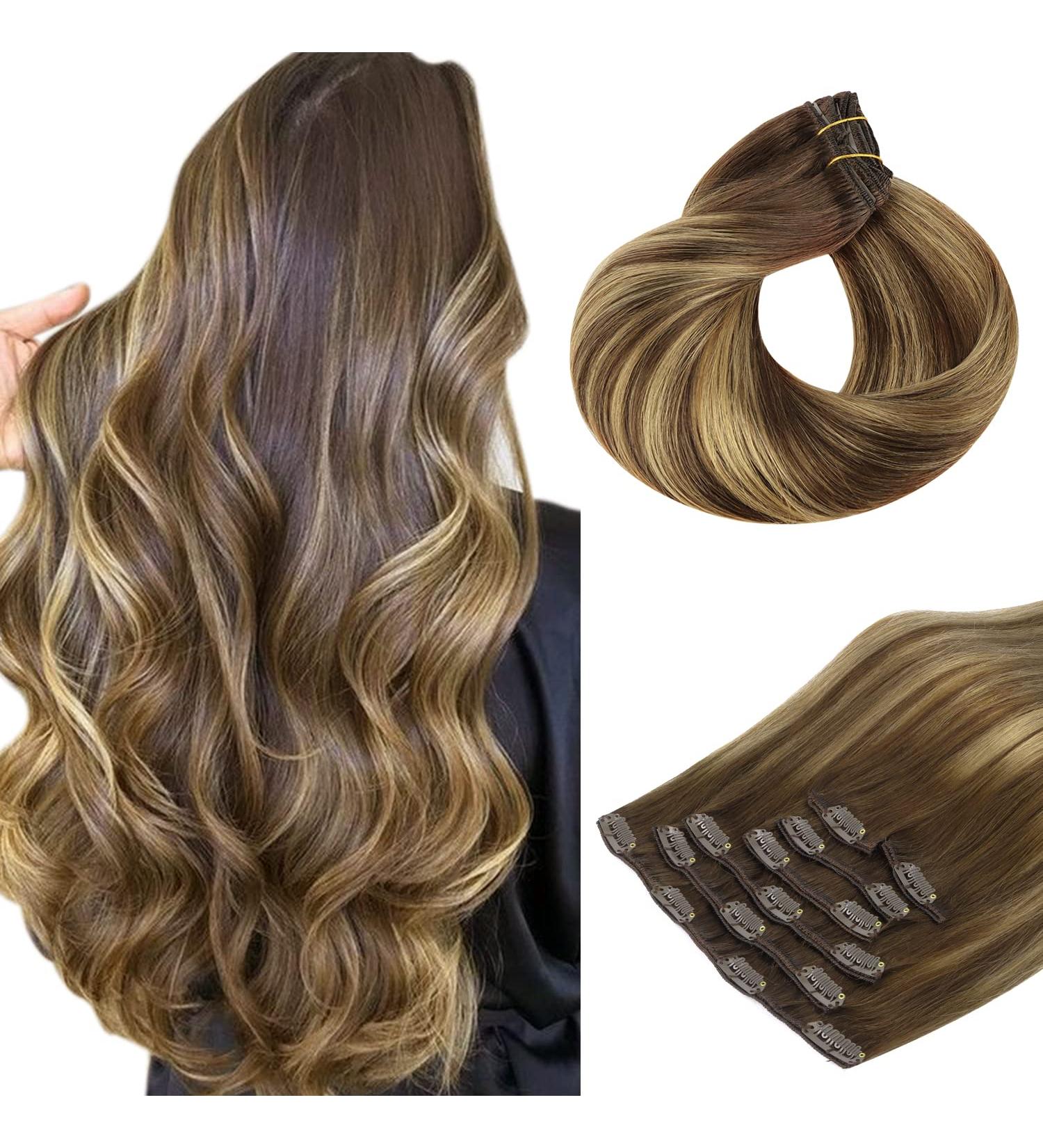 Hotbanana Clip-in Hair Extensions | Real Remy Hair Balayage Chocolate Brown to Caramel Blonde | 40cm 120g - 7 Piece Set - Buy Online on GoSupps.com