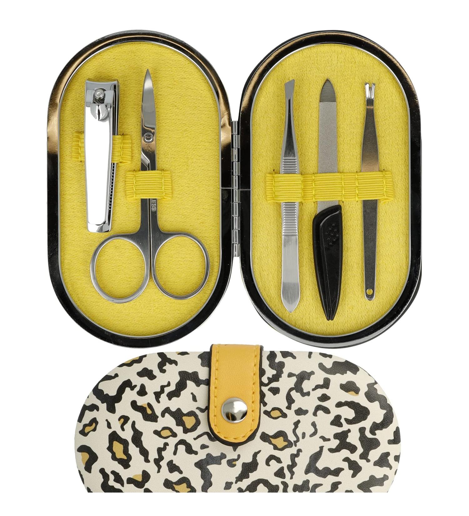 Claus's 5-Part Manicure Set - Carbon & Stainless Steel Nail Scissors Clippers Tweezers | Stylish Leo Etui in Cream Brown & Black - CL-96111 - Buy Online on GoSupps.com