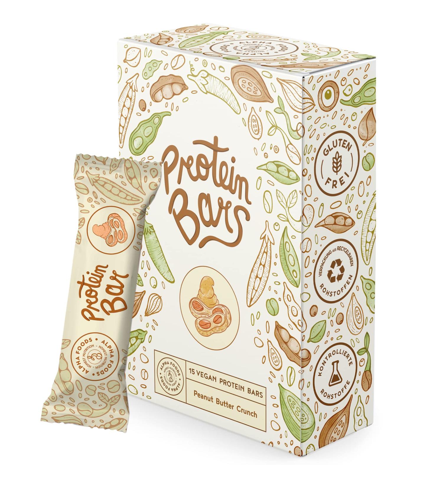 Alpha Foods Vegan Protein Bars 15 x 55g Peanut Butter Crunch - High Protein Plant Based Snacks (25%) - Lactose Free, Low Carb & Gluten Free - Buy Online on GoSupps.com