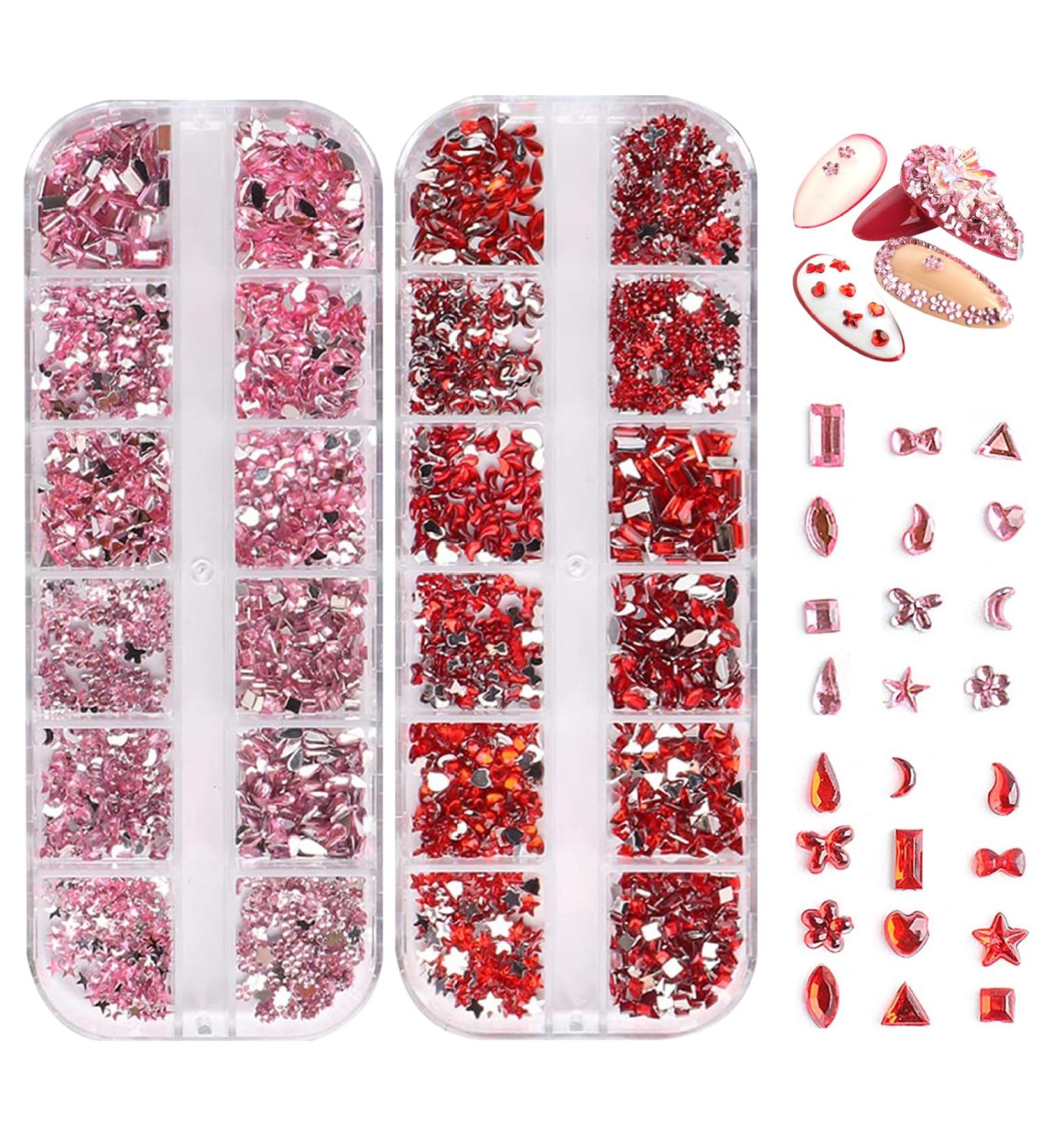 Nail Gems 2 Plates Rhinestones for Nail Art 2 Colors 12 Grids Different Shape 3D Nail Art Gems with Rhinestone Picker Dotting Pen for Professionals Beginners Nails Salon Clothes Craft Style1 Red - Buy Online on GoSupps.com