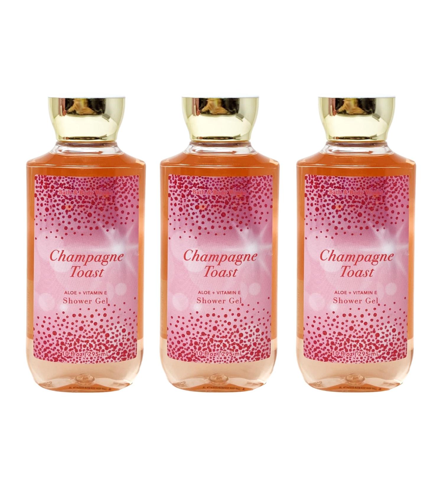Bath and Body Work CHAMPAGNE TOAST Aloe + Vitamin E Shower Gel 3 Piece Set - 10 fl oz / 295 mL each Pink