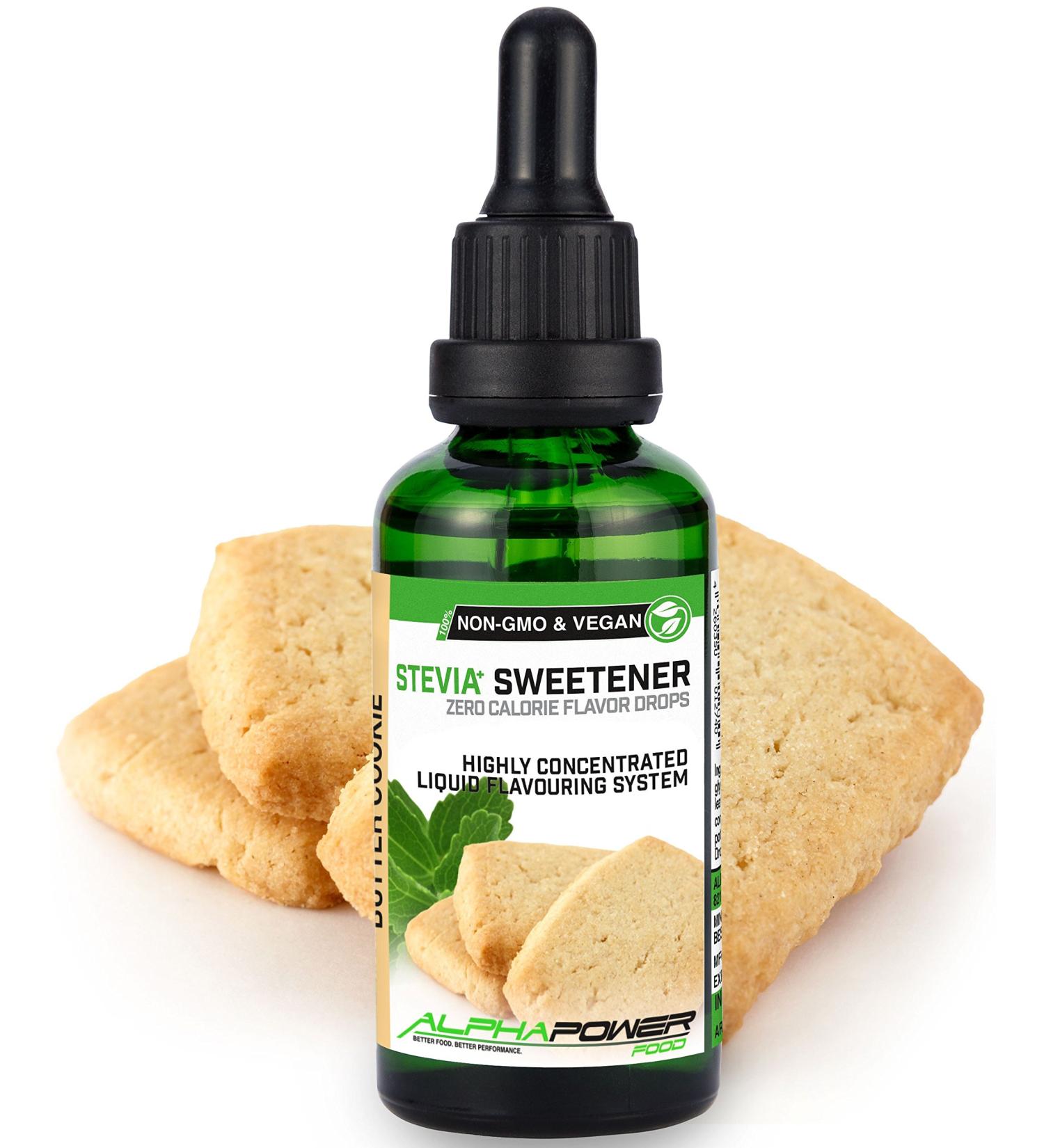 Alphapower Food Stevia Sugar-Free Flavor Drops | Natural Butter Biscuit Aroma 50ml - 100% Pure Liquid Flavor & Sugar Substitute for Desserts Smoothies Muesli and Water - Buy Online on GoSupps.com