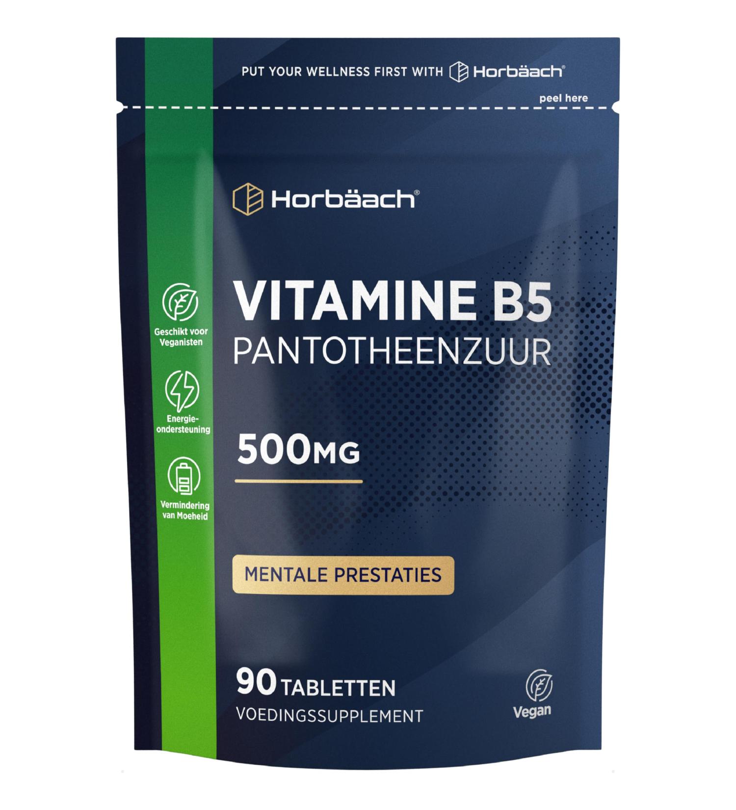 Horbaach Vitamin B5 Pure 500mg Pantotheenzuur Vitamine B5 90 Vegan Tablets Pantothenic Acid Horbach - Buy Online on GoSupps.com