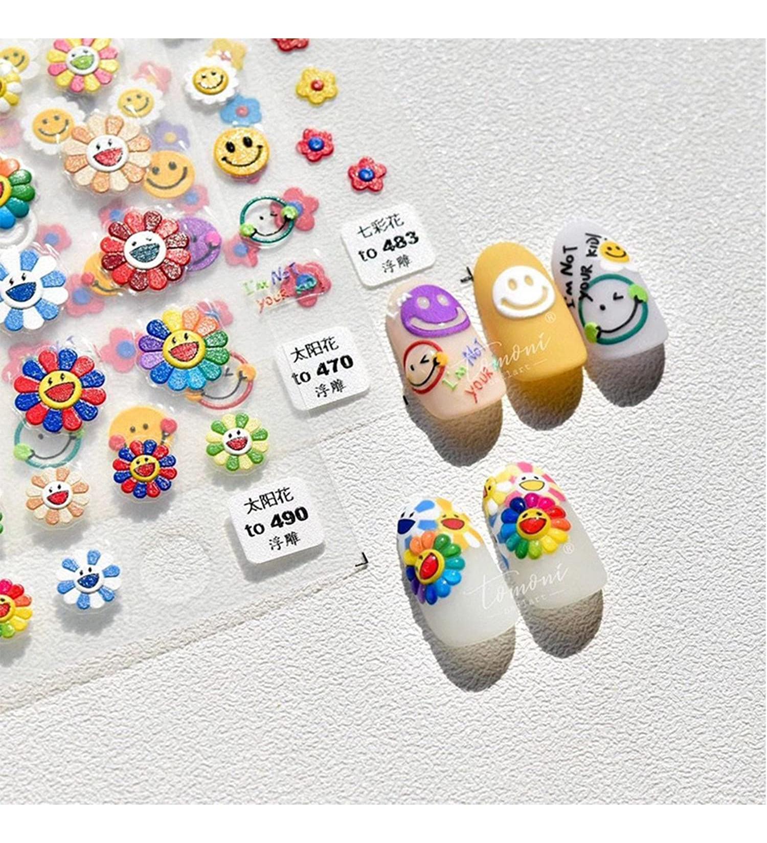 5D Sun Flower & Smiley Nail Art Stickers - 3 Sheets | Self-Adhesive Decals for Colorful Nail Decoration - Buy Online on GoSupps.com