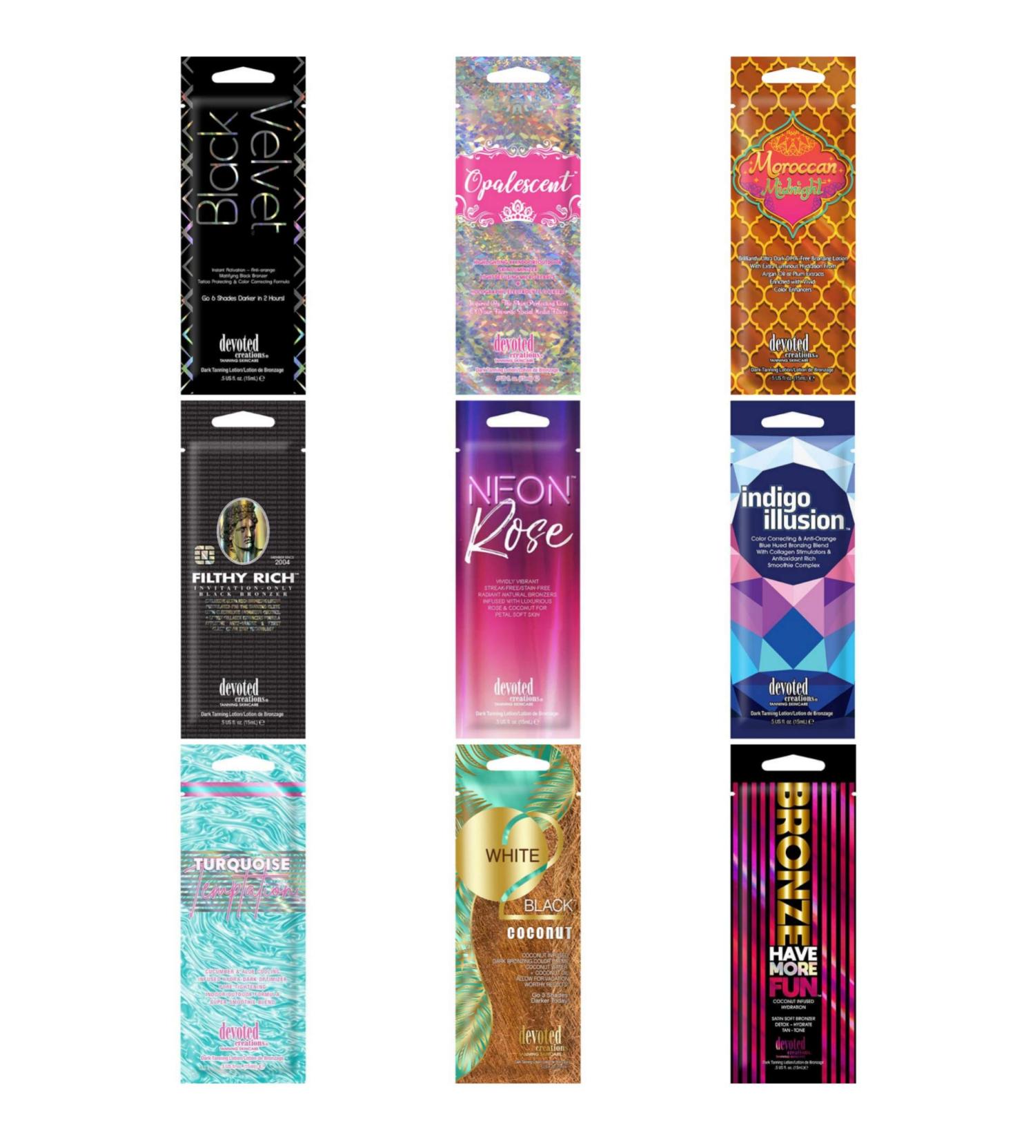 10 New Assorted Indoor Tanning Packets, A Grab Bag of DEVOTED CREATIONS Premium Lotions, (Devoted Creation Packets may be different from those shown in sample photo)