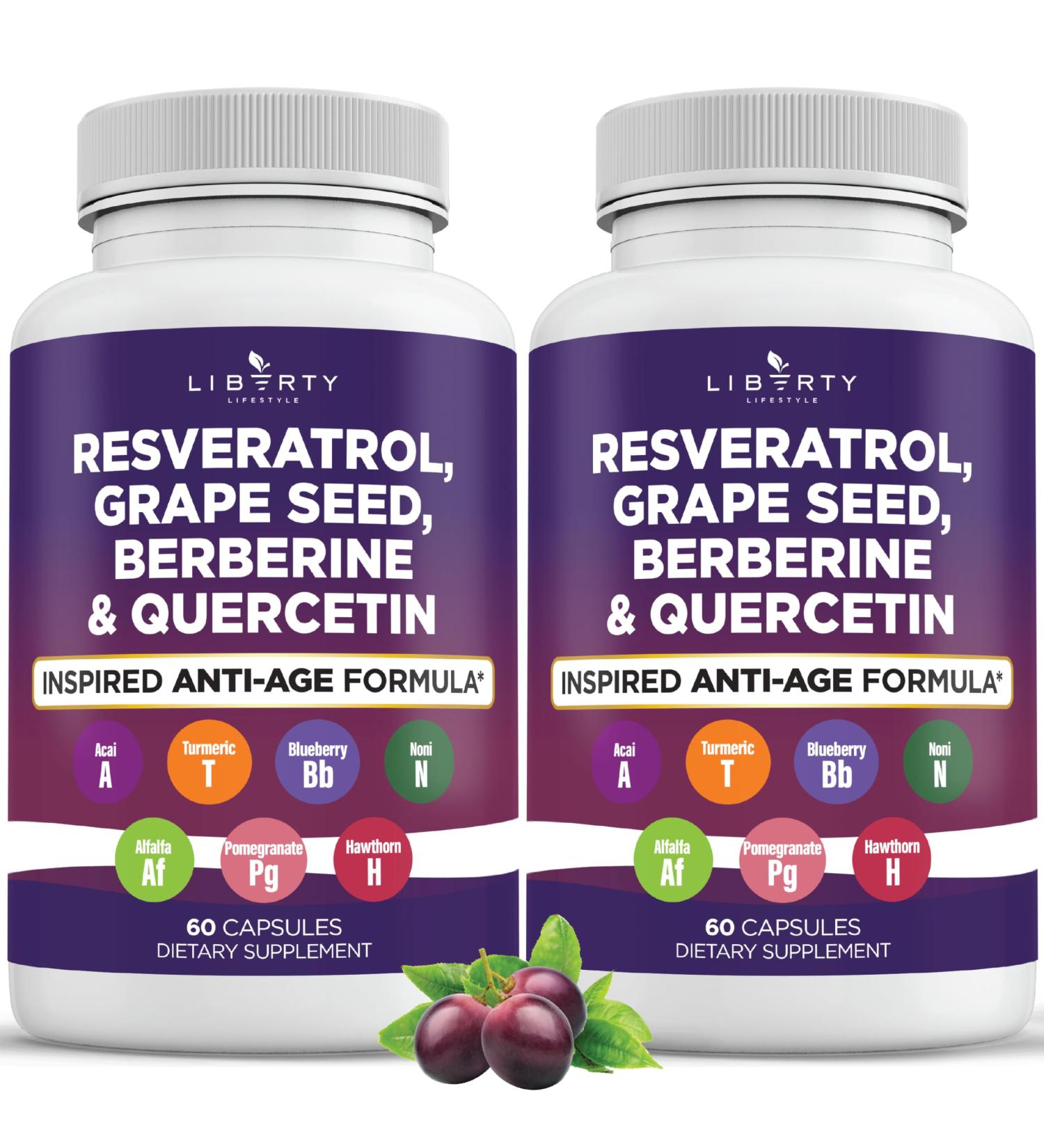 Resveratrol Berberine Grape Seed Extract Quercetin Polyphenol Supplement for Women and Men with Noni Extract N-Acetyl Cysteine Acai Extract - 2-Pack 60 Count (Pack of 2) - Buy Online on GoSupps.com