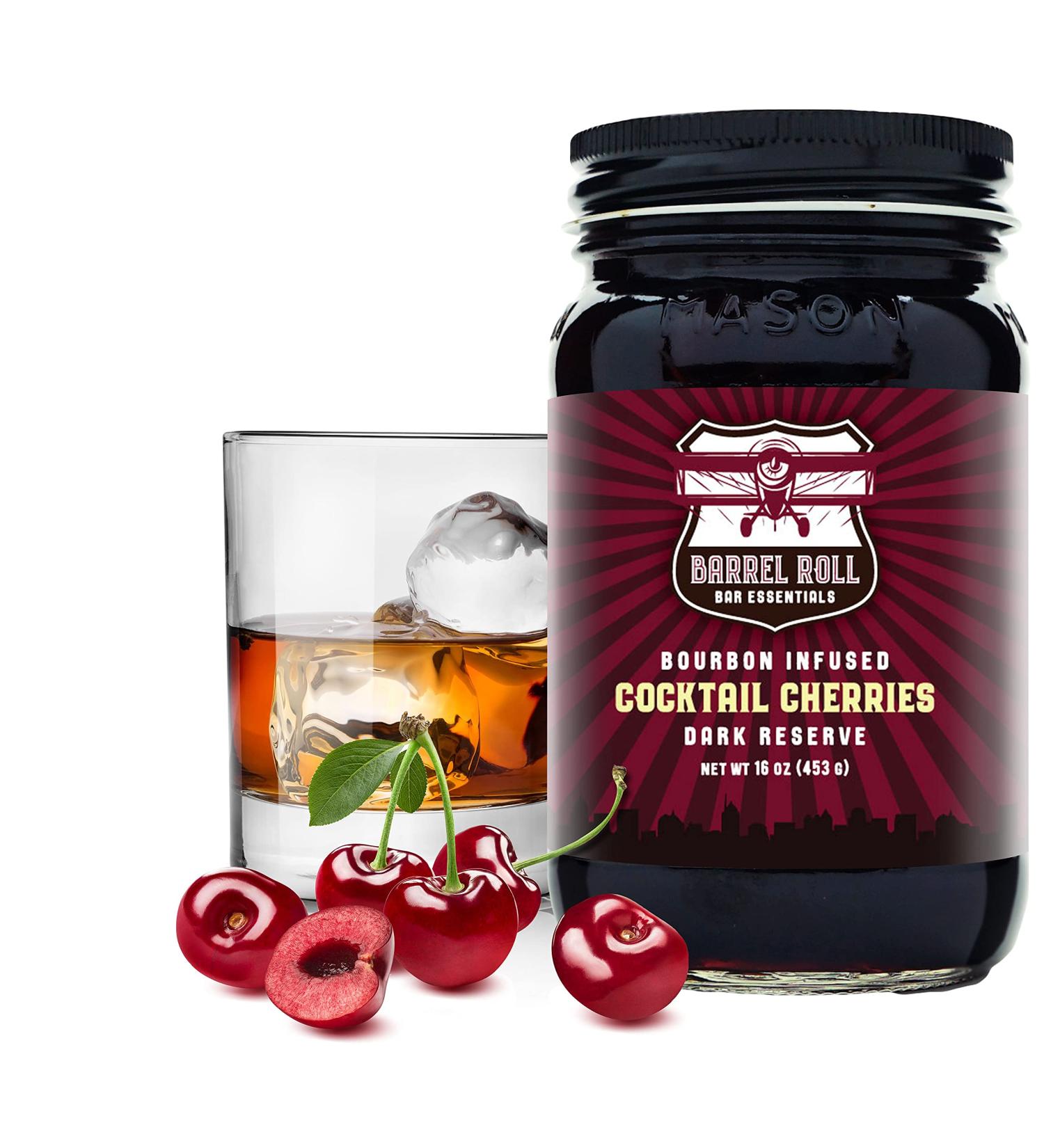 Barrel Roll Bar Essentials Bourbon-Infused Cocktail Cherries - Premium Garnish for Cocktails, Cheese Plates, and Desserts - 16oz Dark Reserve Jar - Buy Online on GoSupps.com