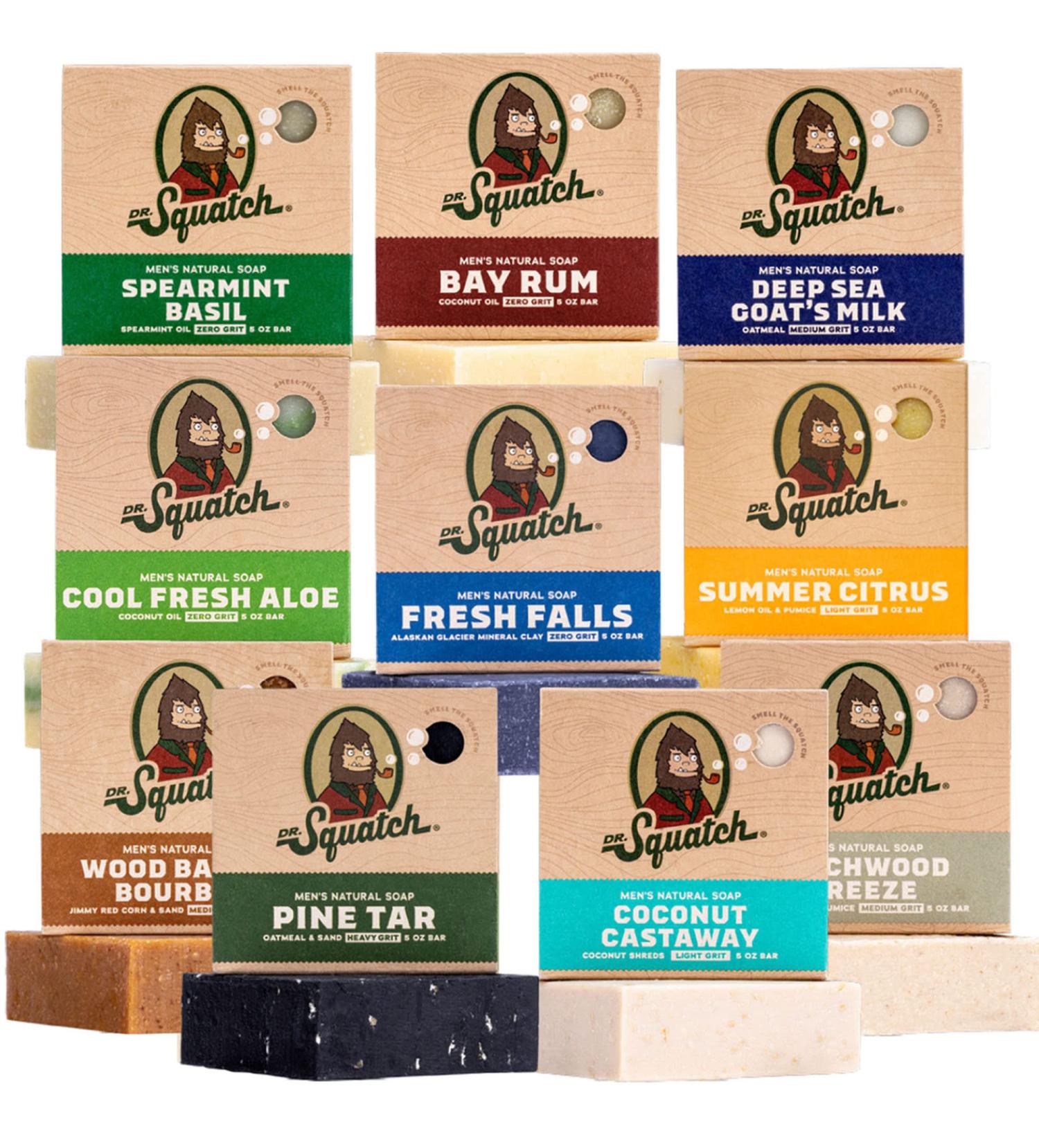Dr. Squatch Men's Bar Soap Gift Set (10 Bars)   Men's Natural Bar Soap - Pine Tar Soap  Bay Rum Soap  Fresh Falls  Wood Barrel Bourbon  Birchwood Breeze  Coconut Castaway  Summer Citrus and more 10 Bar Set 4