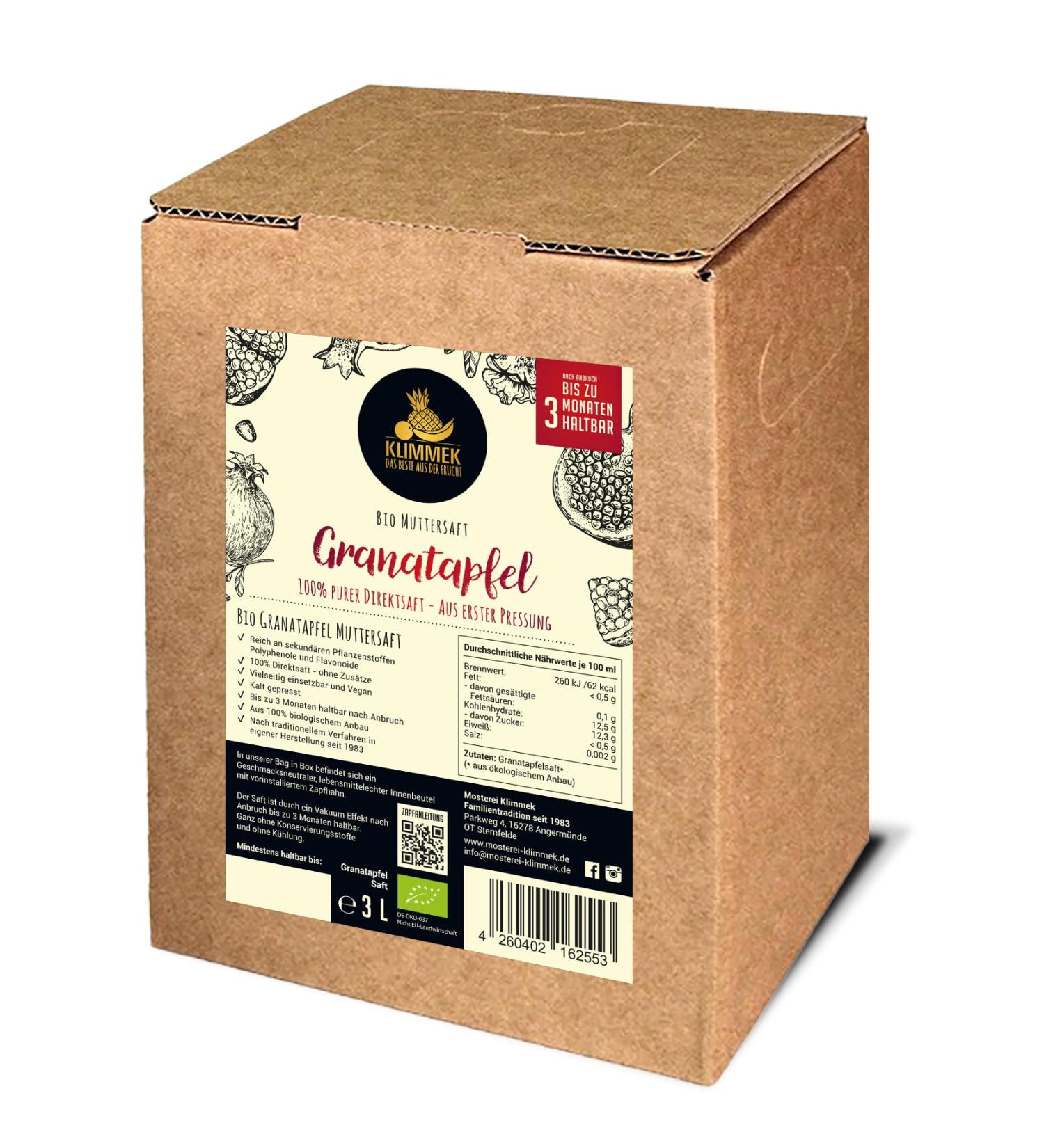 Klimmek Premium ORGANIC Pomegranate Juice - 100% ORGANIC Direct Juice Exotic & Powerful 3 Liter Bag in Box