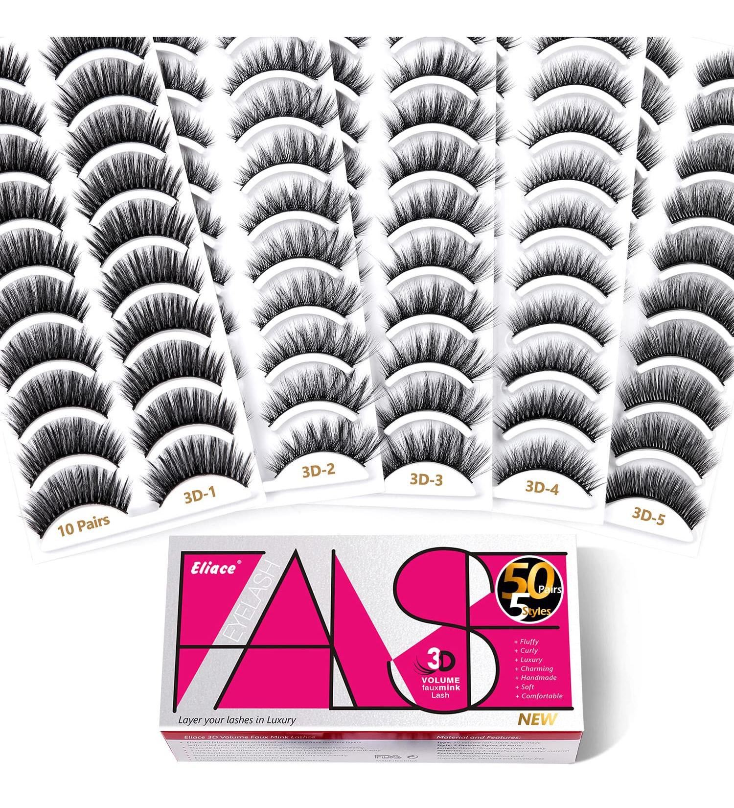 Eliace False Eyelashes 50 Pairs Super Value Pack - 5 Stylish Styles, 3D Faux Mink Lashes for Curly & Full Volume, Natural Look Fake Eyelashes Set - Buy Online on GoSupps.com