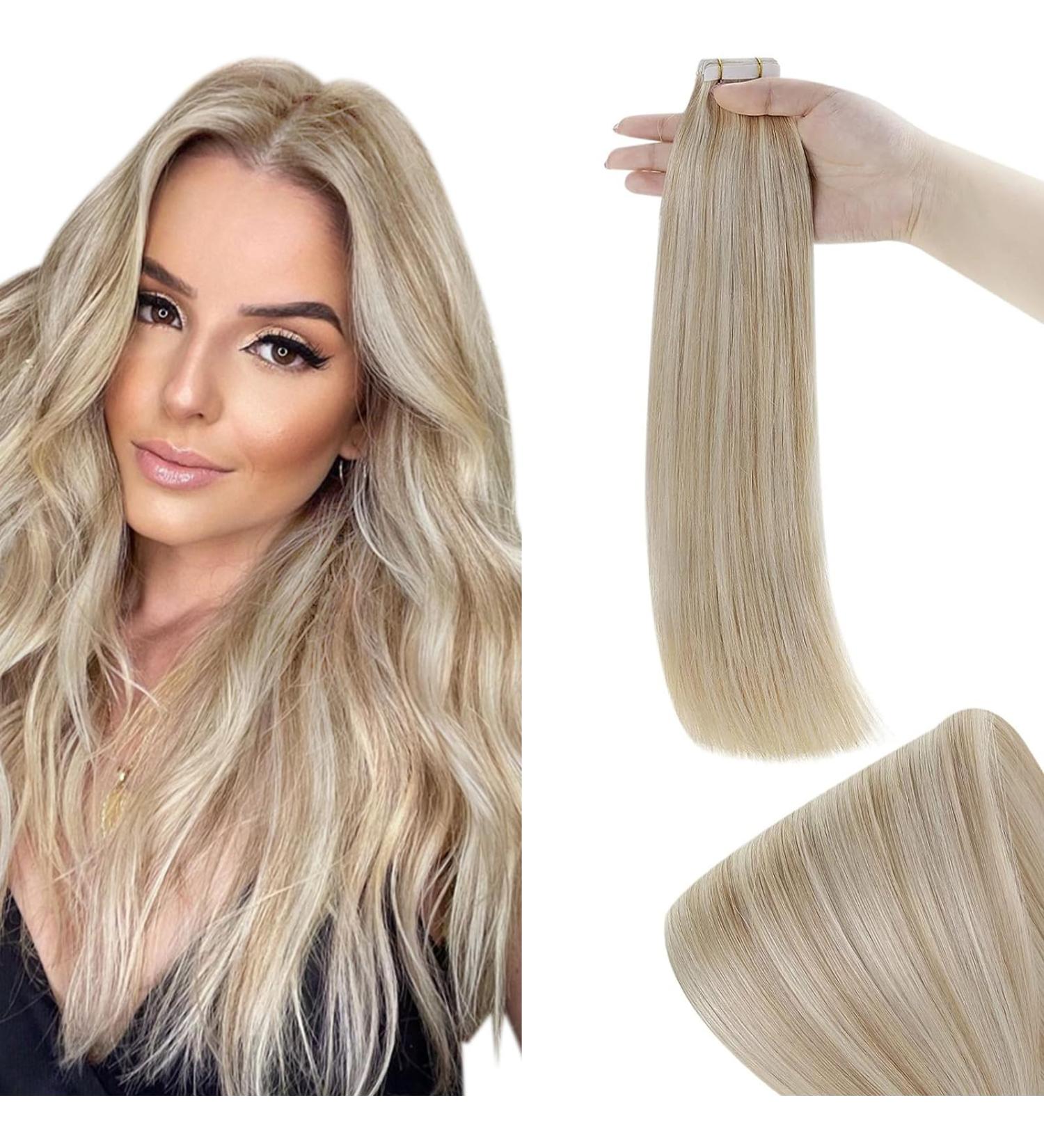 Runature Invisible Tape Extensions - Real Human Hair Blond Highlights 50cm 50g | Ashblond #18AP60 20 Stuck Extensions - Buy Online on GoSupps.com