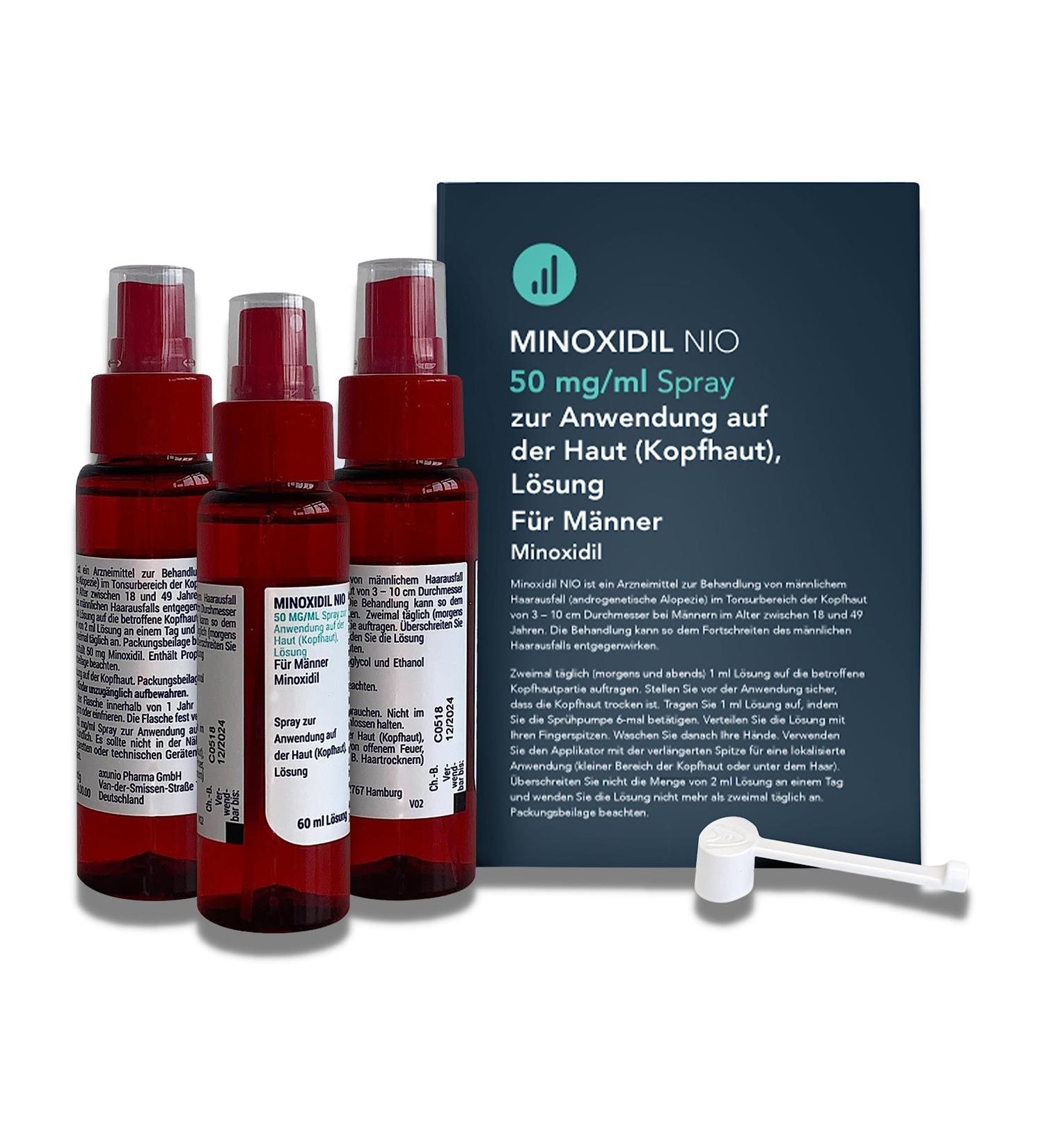 Nio Minoxidil 5% Hair Care Solution - 3x60ml Spray & Pipette Fights Hair Loss & Promotes Growth for Men - Effective Treatment with 50mg Minoxidil/1ml - Buy Online on GoSupps.com