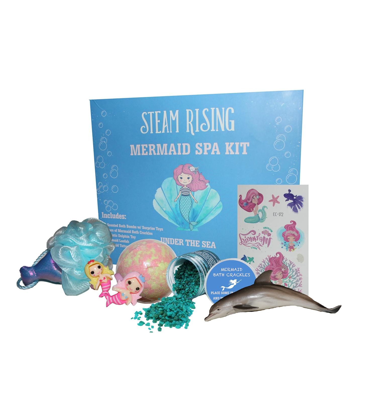 Mermaid Bath Toy Spa Kit with Bath Bombs, Crackles, Dolphin Toy, Rings, Tattoos & Loofah - Perfect Girls Mermaid Birthday Gift | Natural & Organic Ingredients - Buy Online on GoSupps.com