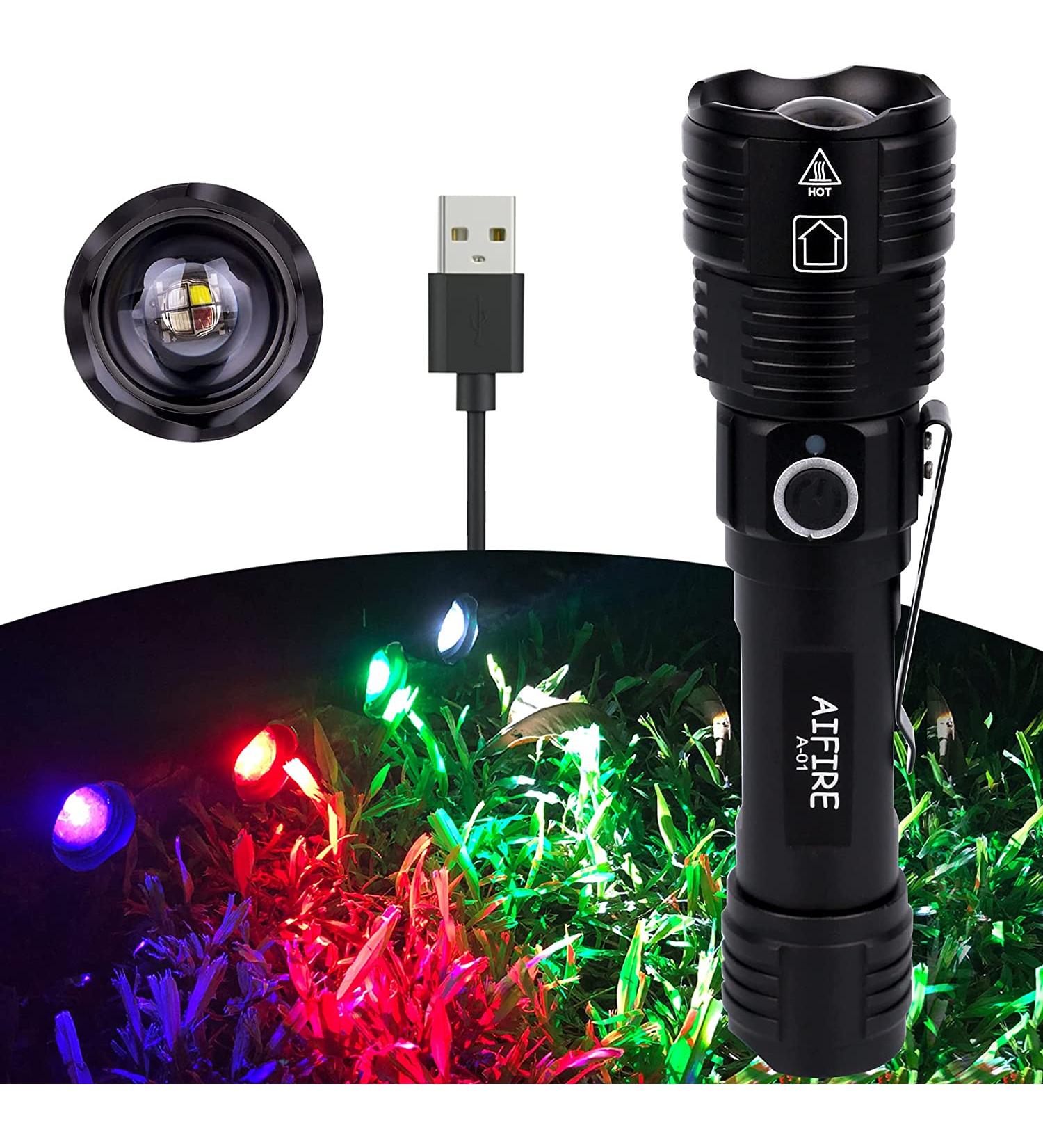 Aifire 2022 Adjustable Rechargeable Hunting Flashlight | 4-in-1 Tactical Flashlight with UV, Red, Green, White LEDs | Zoomable Handheld Light - Buy Online on GoSupps.com