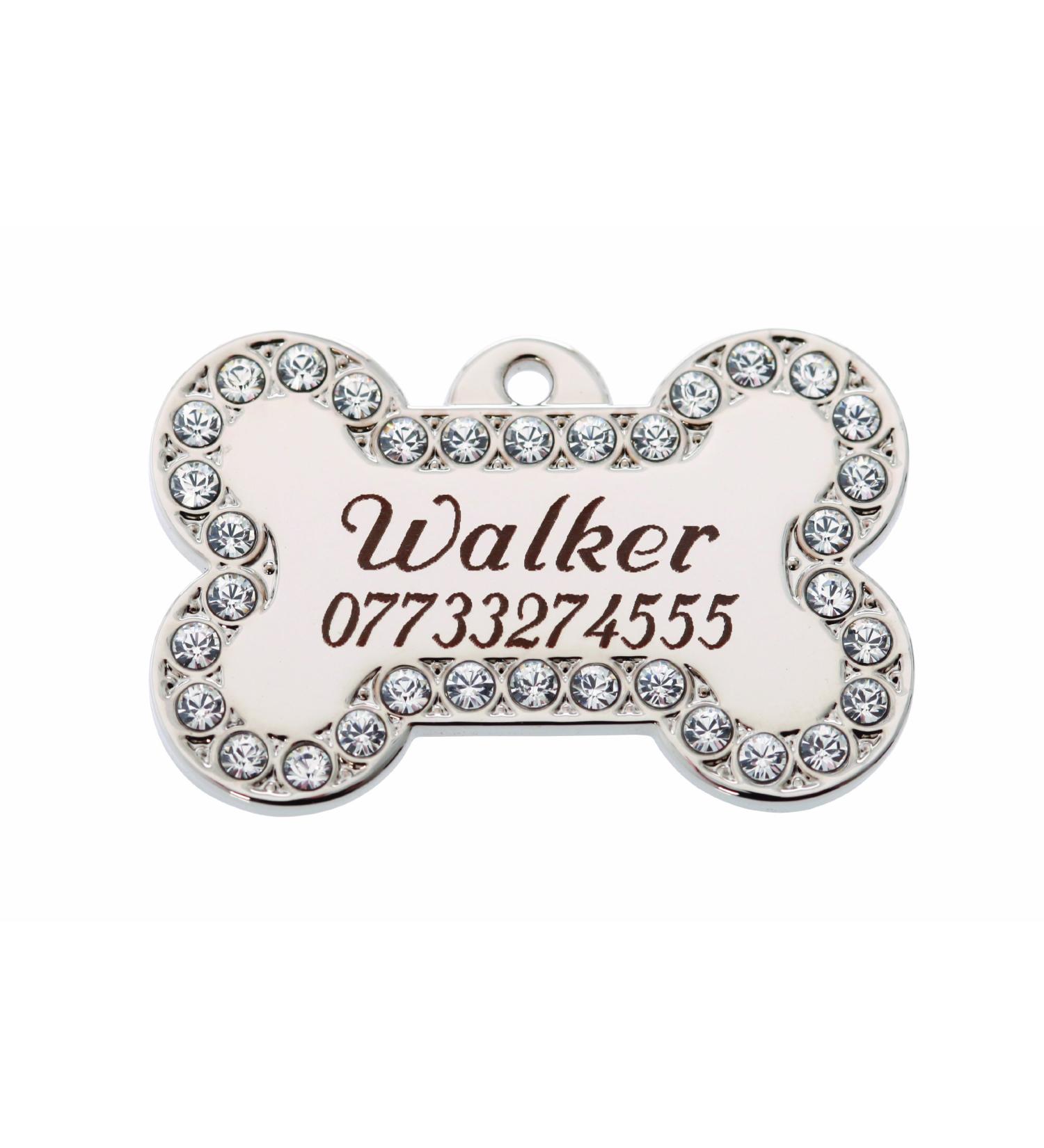 BWM Bling Swarovski Crystal Personalized Pet ID Tags Dog Tags | Dog Tag for Pets Laser Engraved & Personalised | ID Tags for Dogs & Cats | Durable Strong & Deeply Engraved - Small Silver Bone 31x21mm Poochy