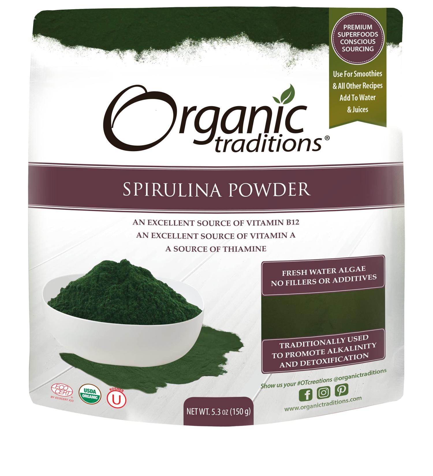 Organic Traditions Spirulina Powder - 5.3oz | Pure & Nutrient-Rich Superfood - Buy Online on GoSupps.com